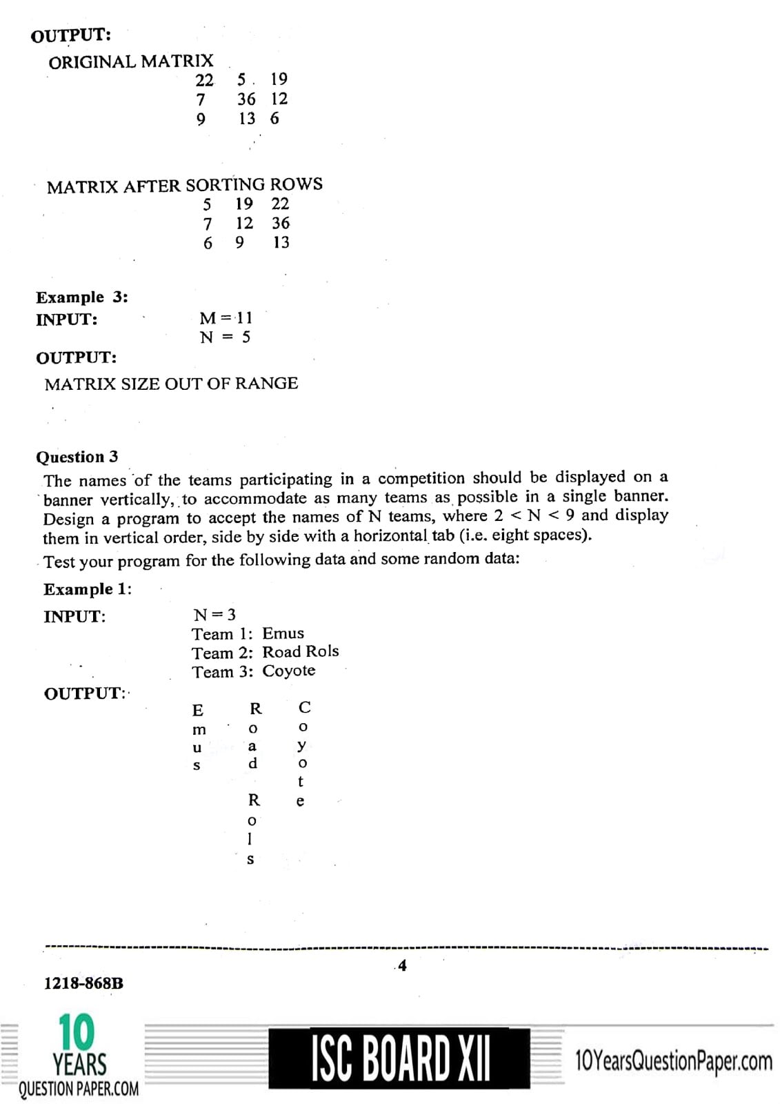 ISC Class 12 Computer Science Practical 2018 Question Paper