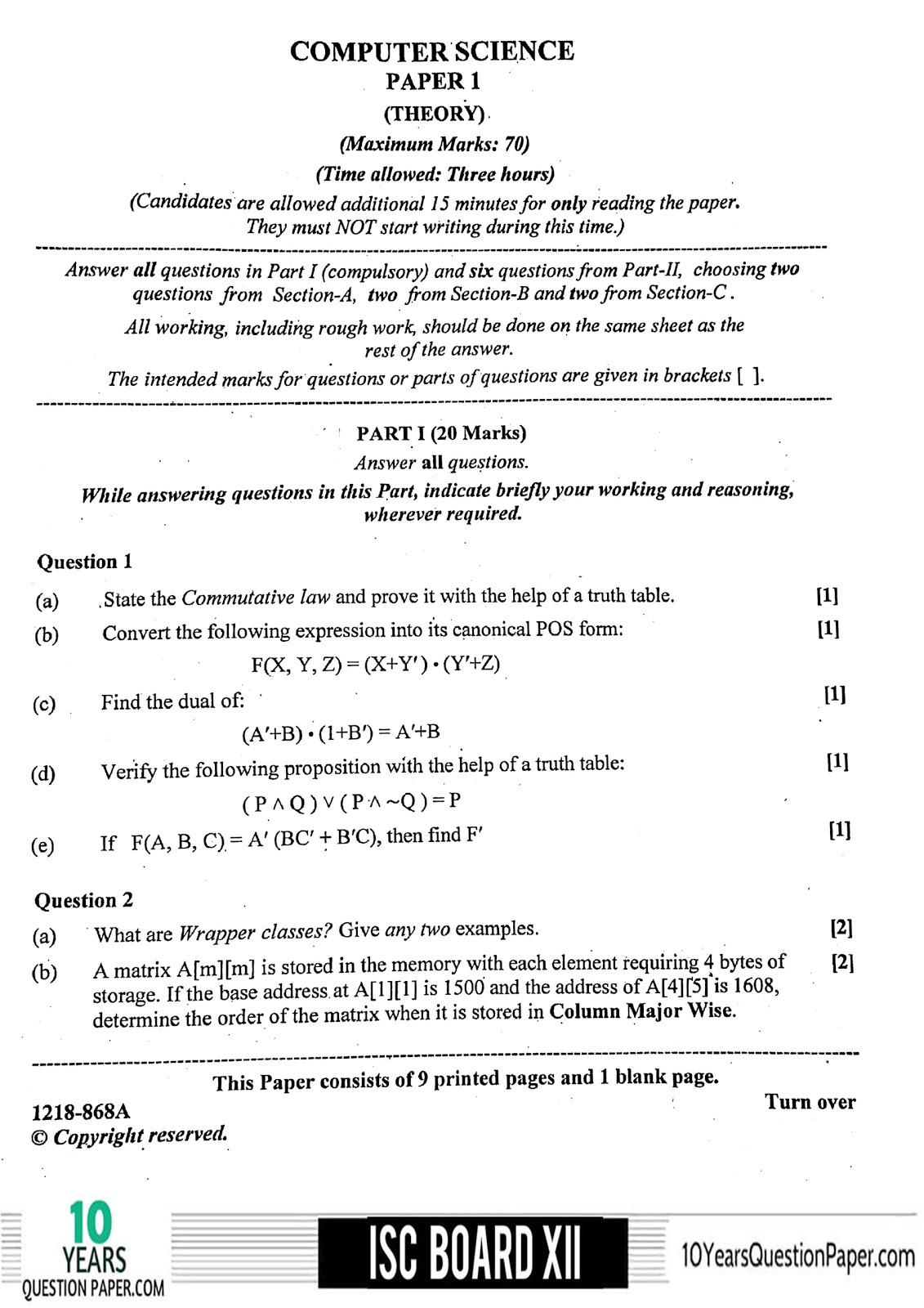 ISC Class 12 Computer Science 2018 Question Paper