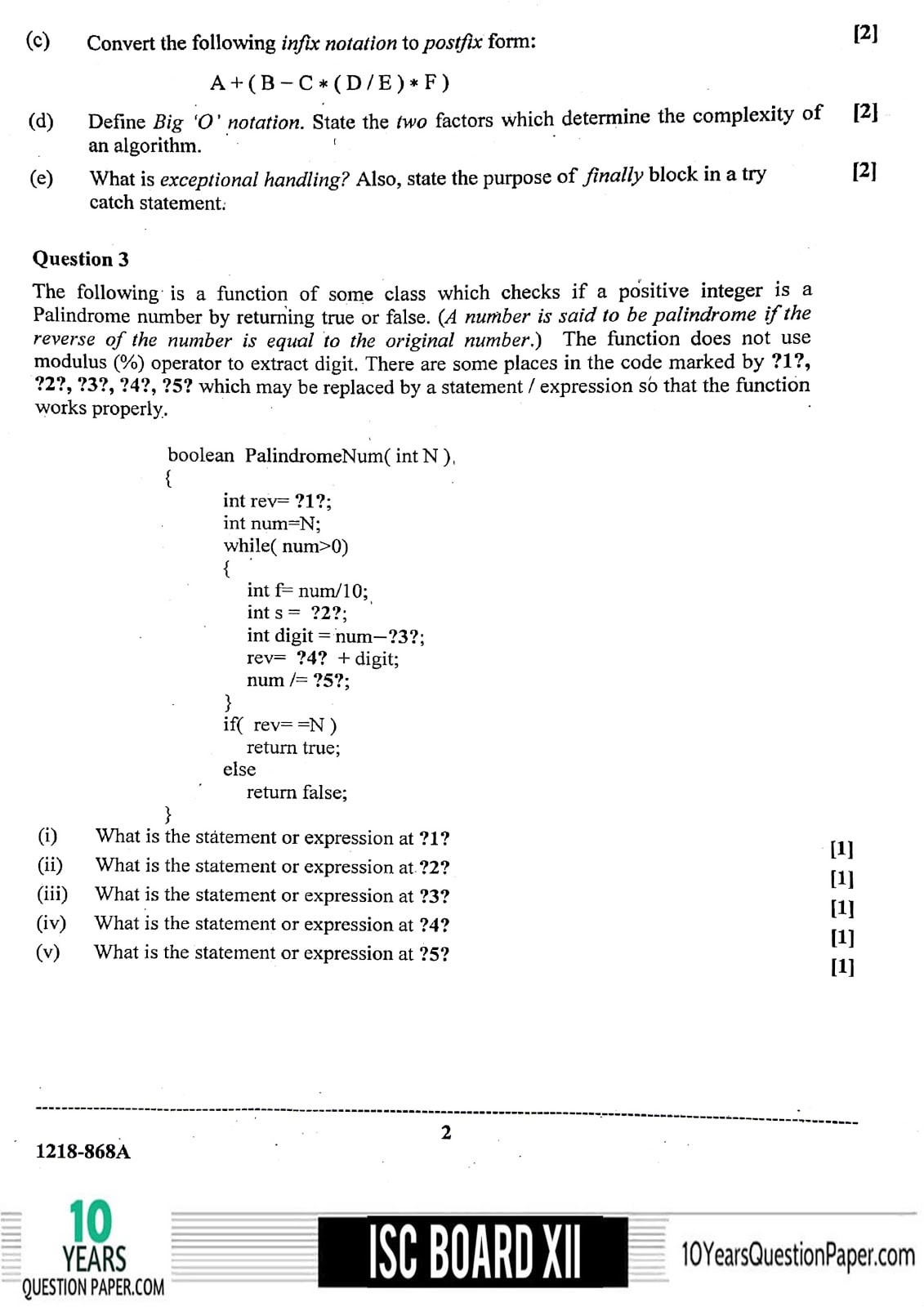 ISC Class 12 Computer Science 2018 Question Paper