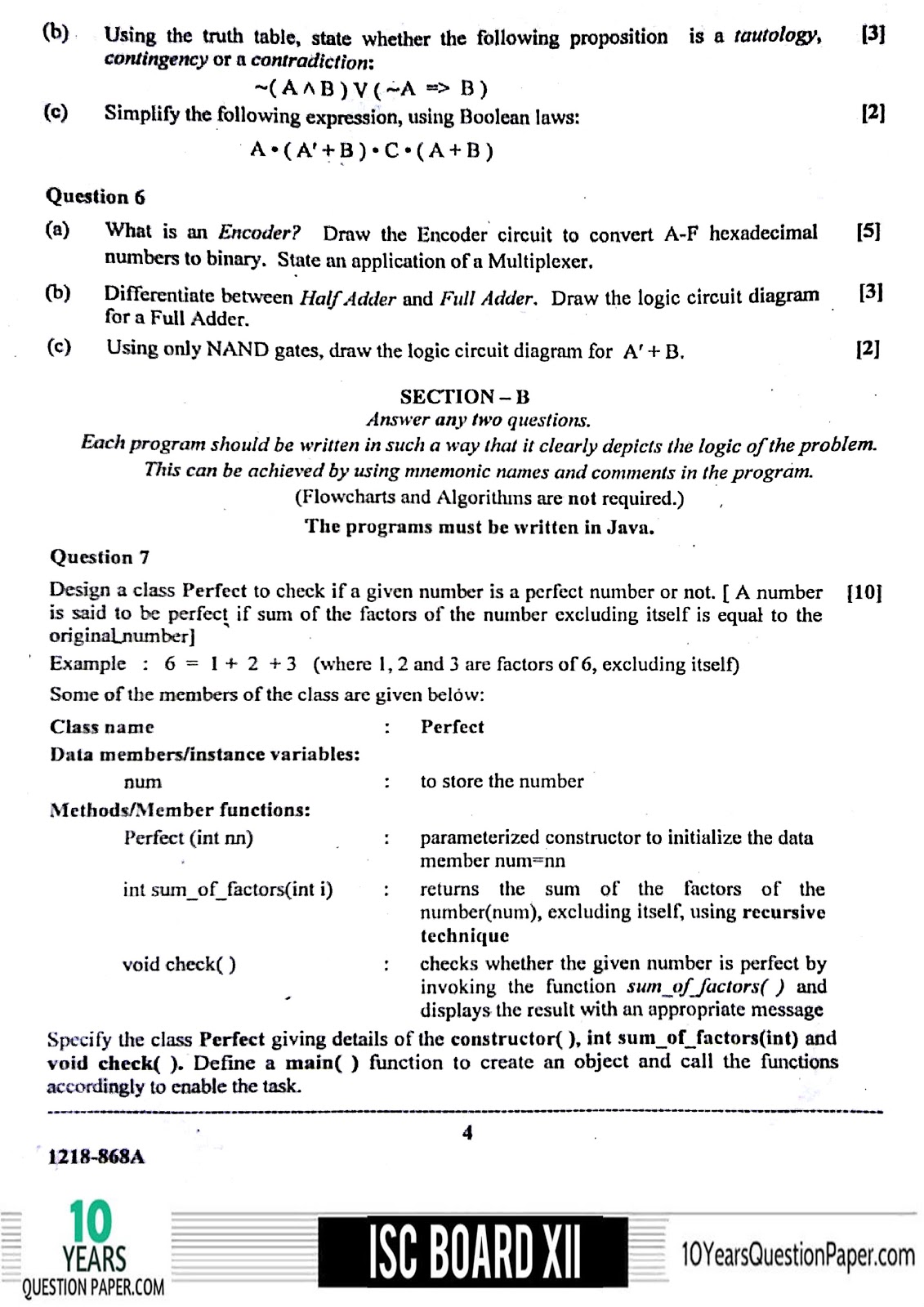 ISC Class 12 Computer Science 2018 Question Paper