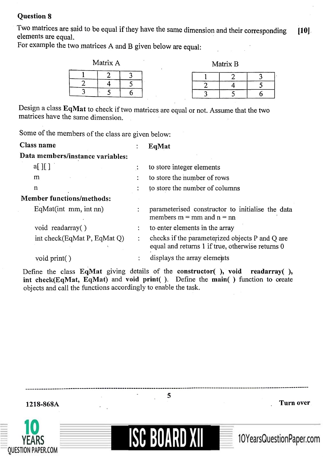 ISC Class 12 Computer Science 2018 Question Paper