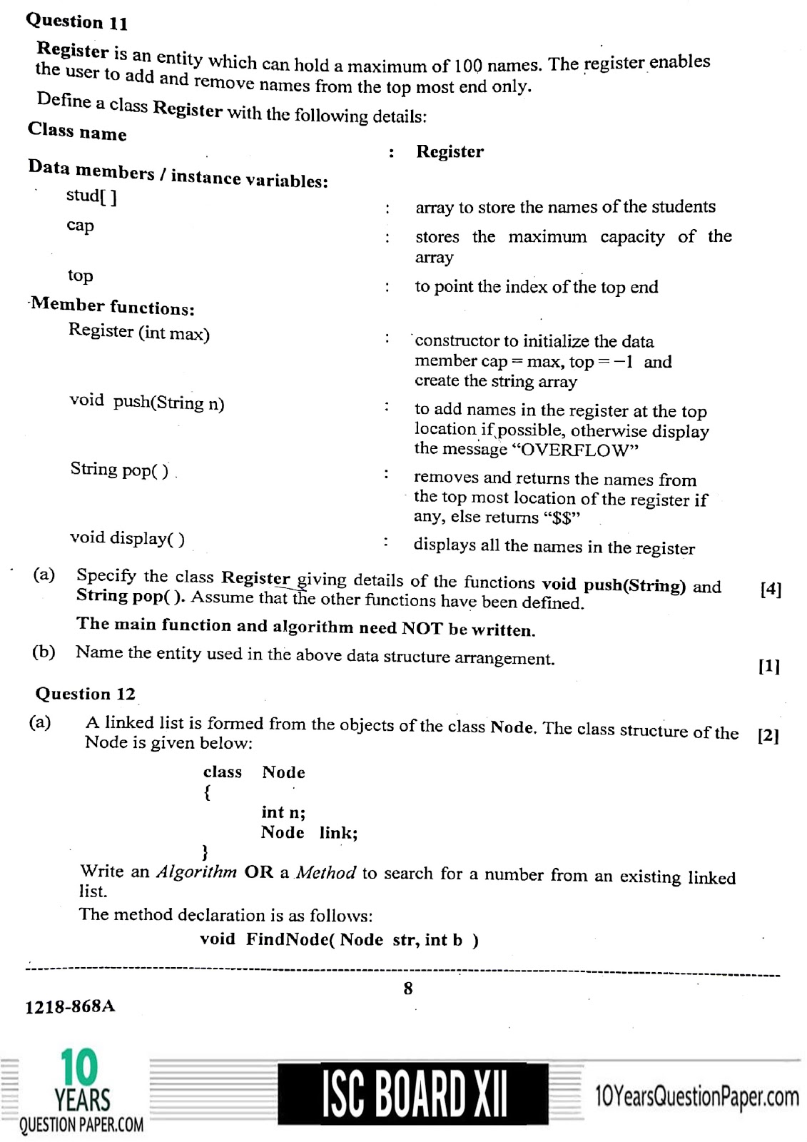 ISC Class 12 Computer Science 2018 Question Paper