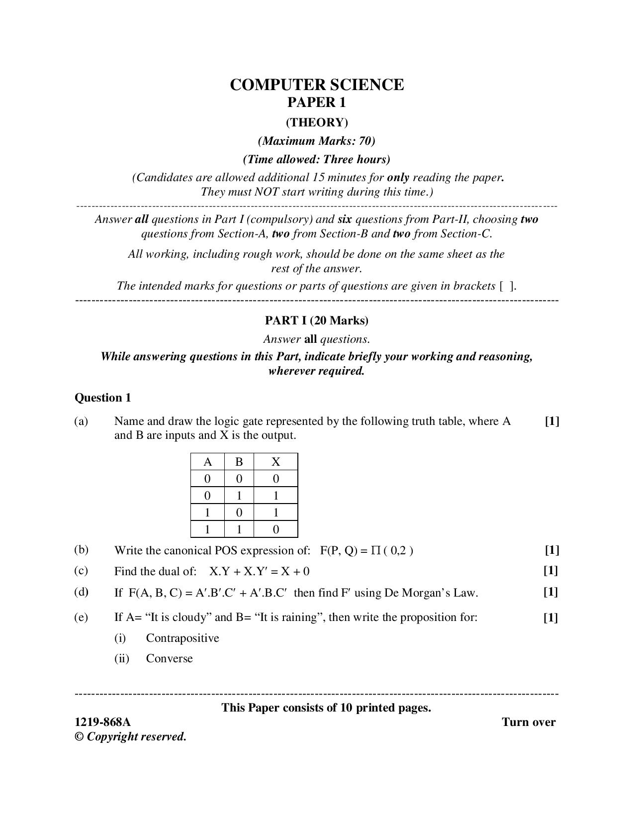 ISC Class 12 Computer Science 2019 Question Paper