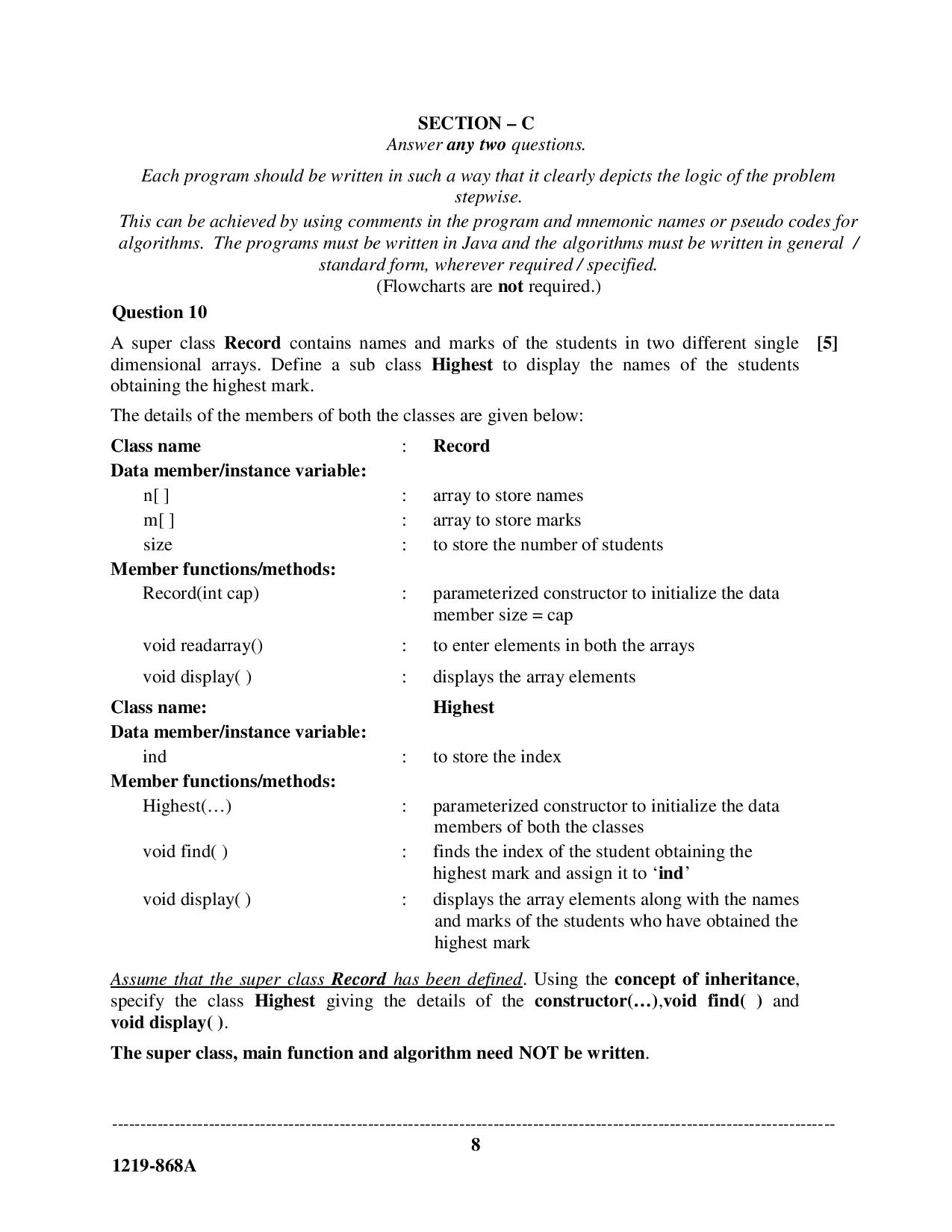 ISC Class 12 Computer Science 2019 Question Paper