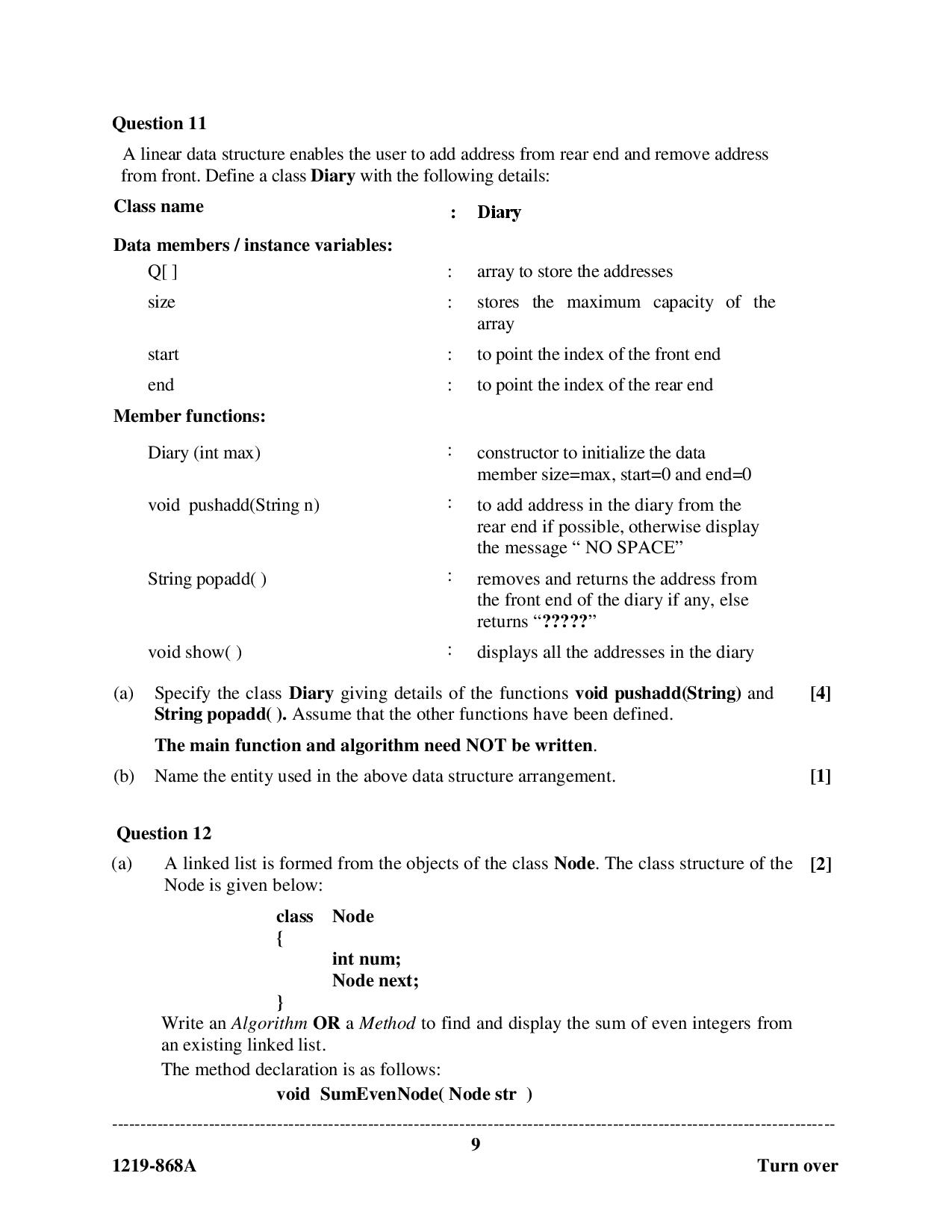 ISC Class 12 Computer Science 2019 Question Paper