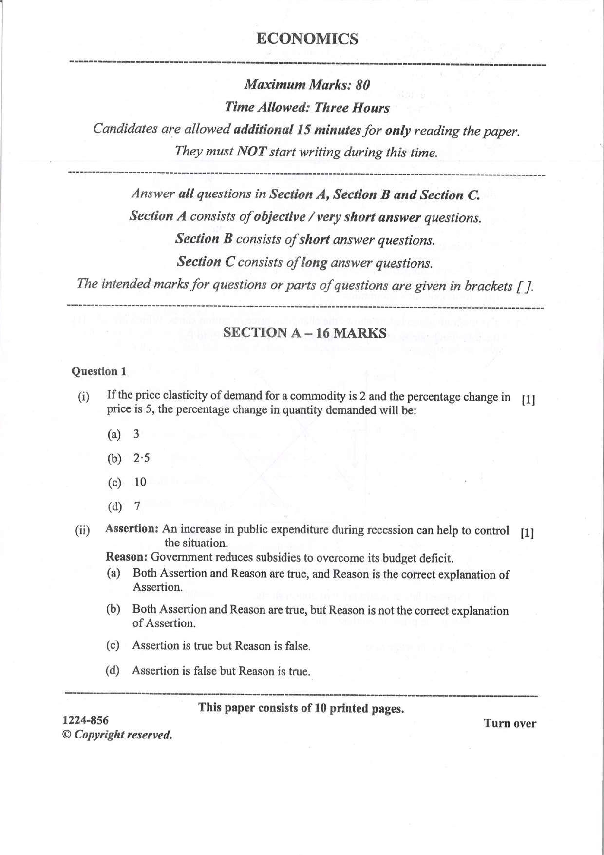 ISC 2024 Economics Question Paper for Class 12 — page 1