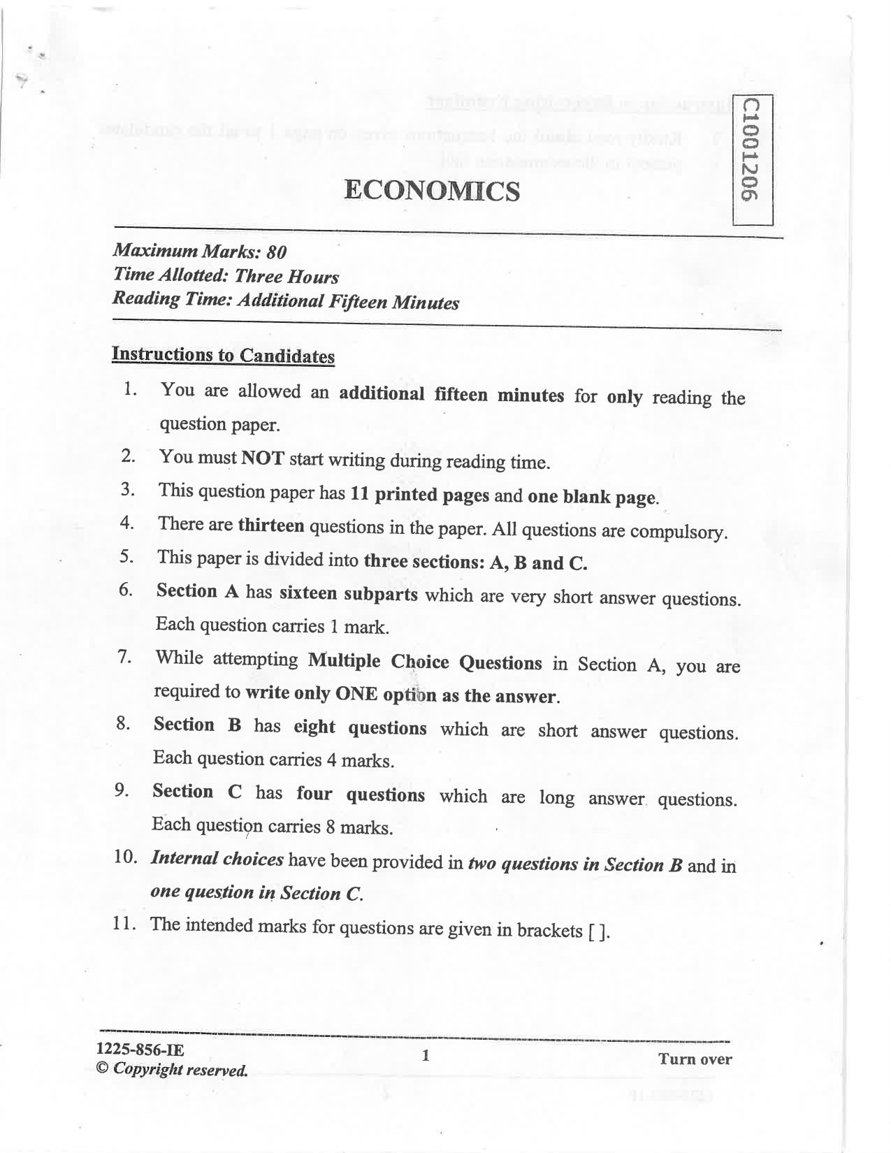 ISC 2025 Economics Improvement Examination Question Paper for Class 12 — page 1