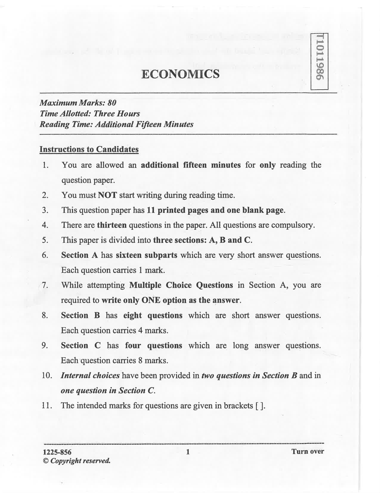 ISC 2025 Economics Question Paper for Class 12 — page 1