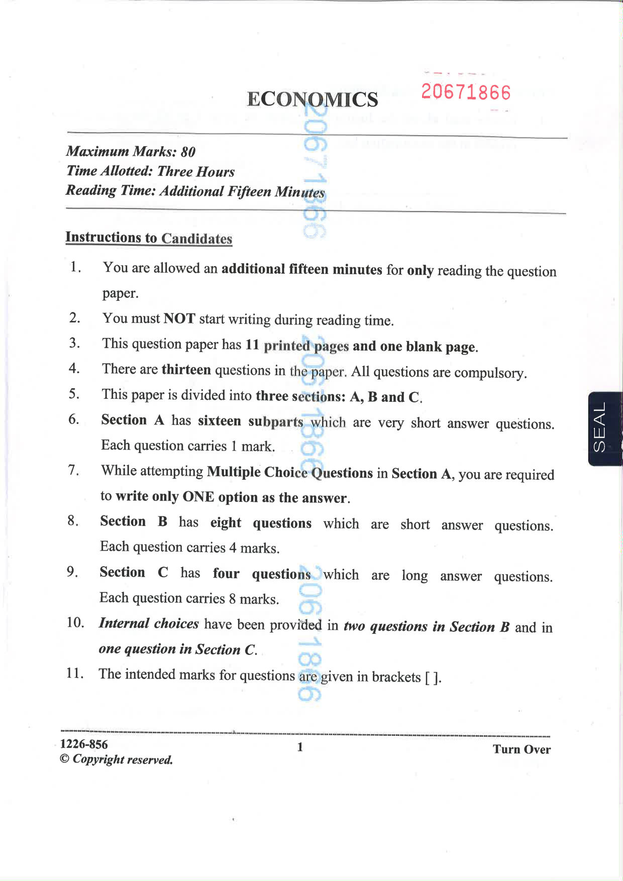 ISC 2026 Economics Question Paper for Class 12 — page 1