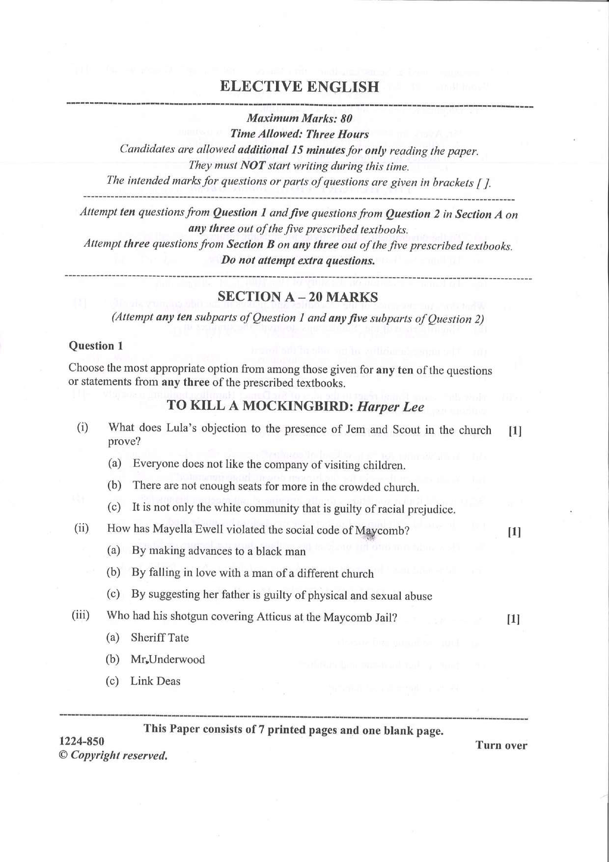 ISC 2024 Elective English Question Paper for Class 12 — page 1