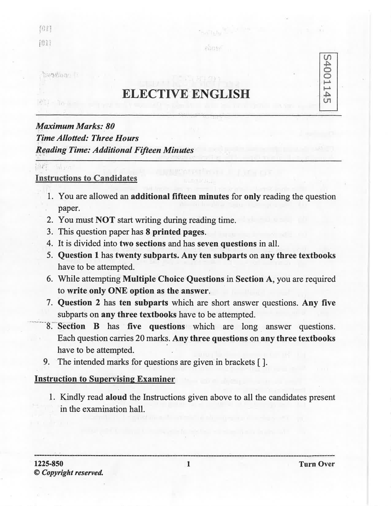 ISC 2025 Elective English Question Paper for Class 12 — page 1