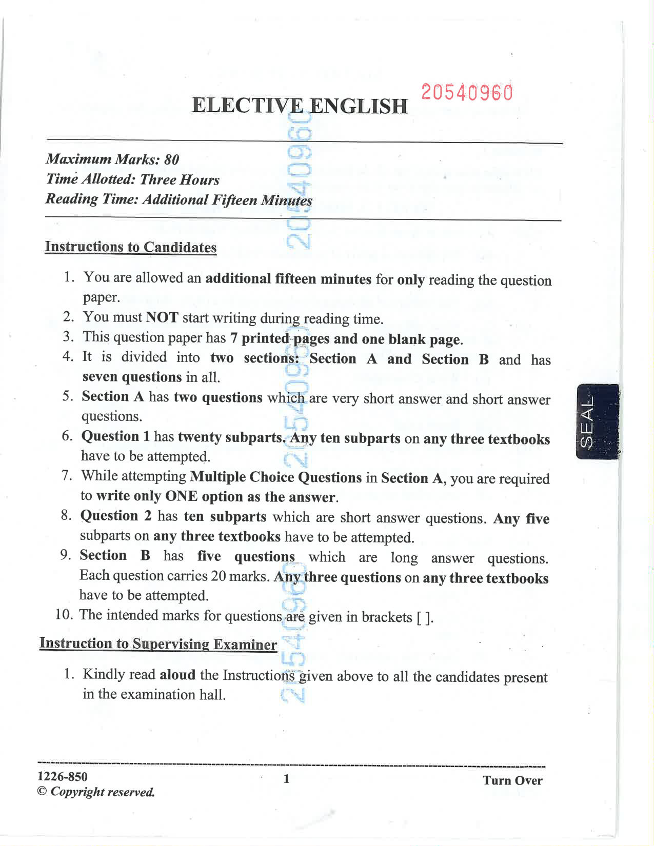 ISC 2026 Elective English Question Paper for Class 12 — page 1