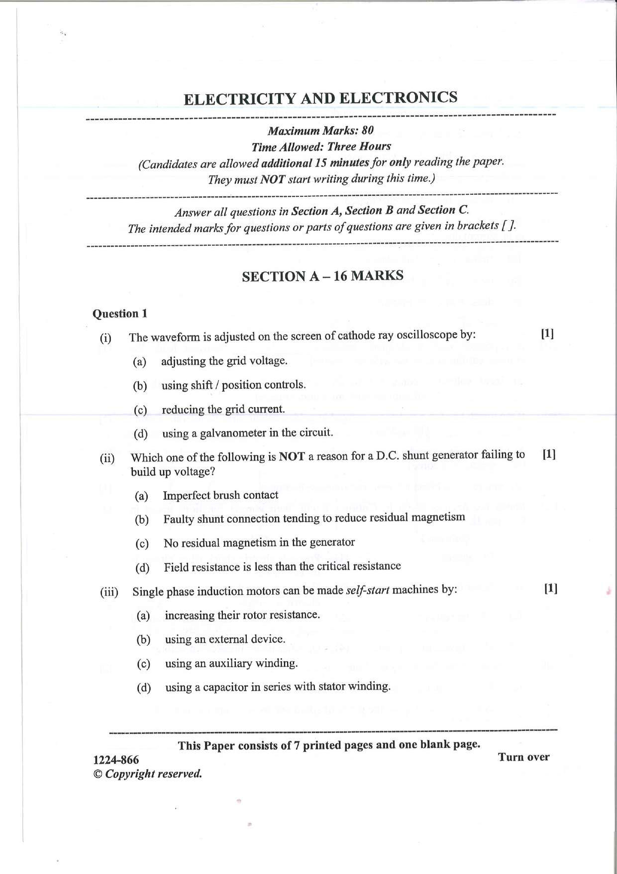 ISC 2024 Electricity and Electronics Question Paper for Class 12 — page 1
