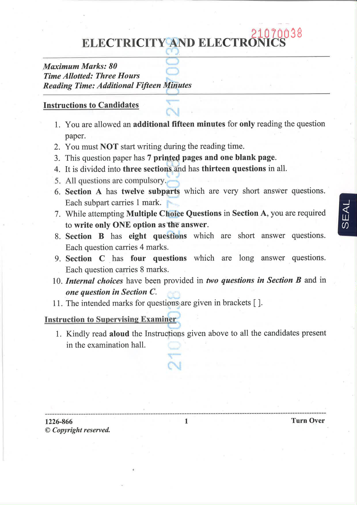 ISC 2026 Electricity and Electronics Question Paper for Class 12 — page 1