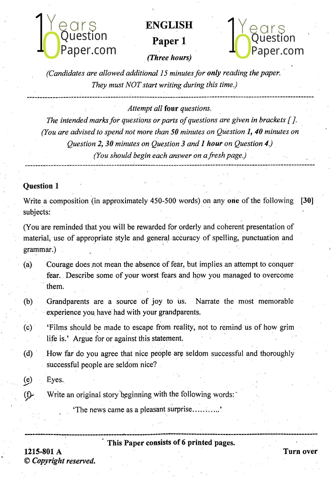 ISC Class 12 English Language 2015 Question Paper