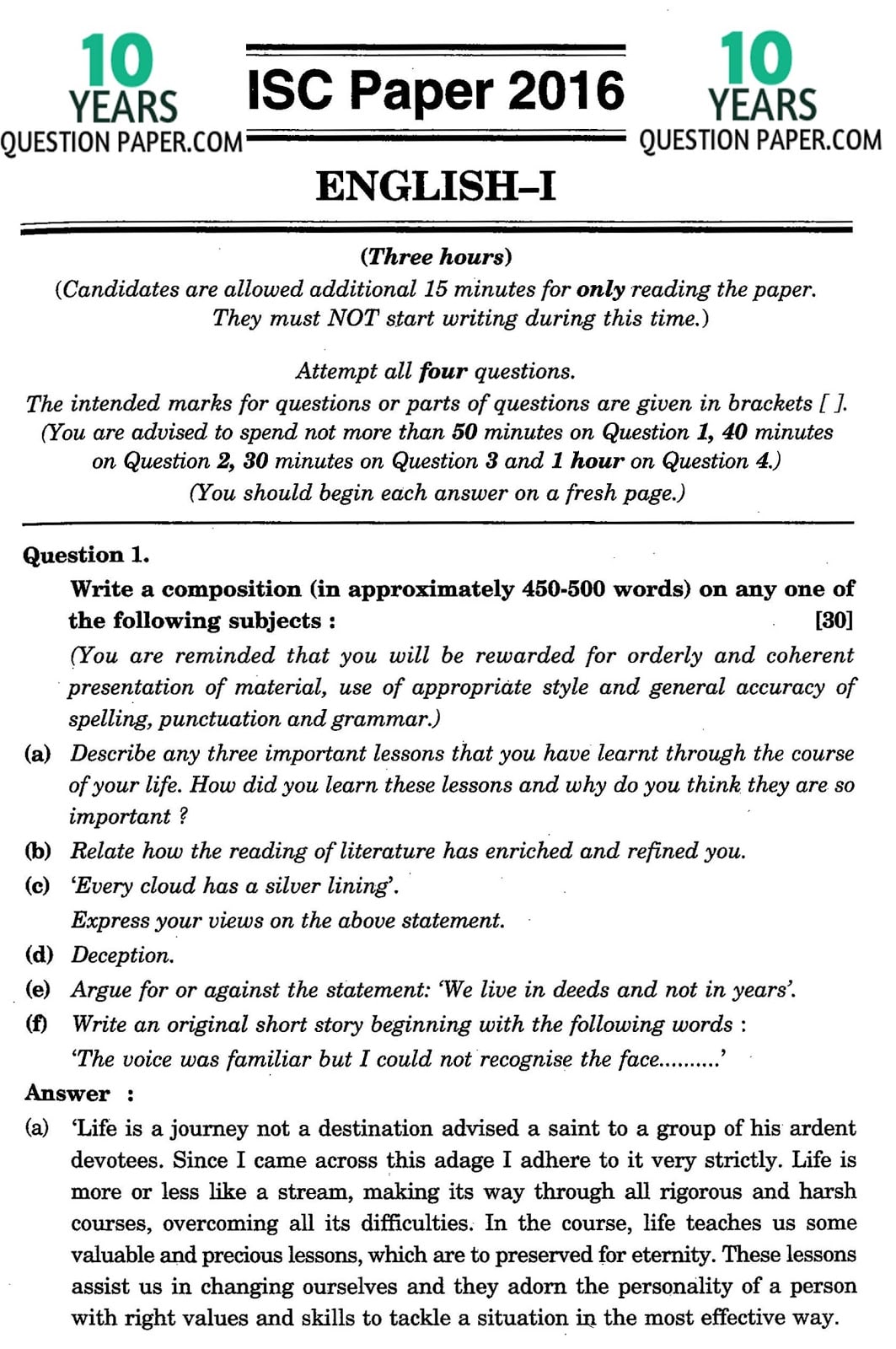 ISC Class 12 English Language 2016 Solved Paper