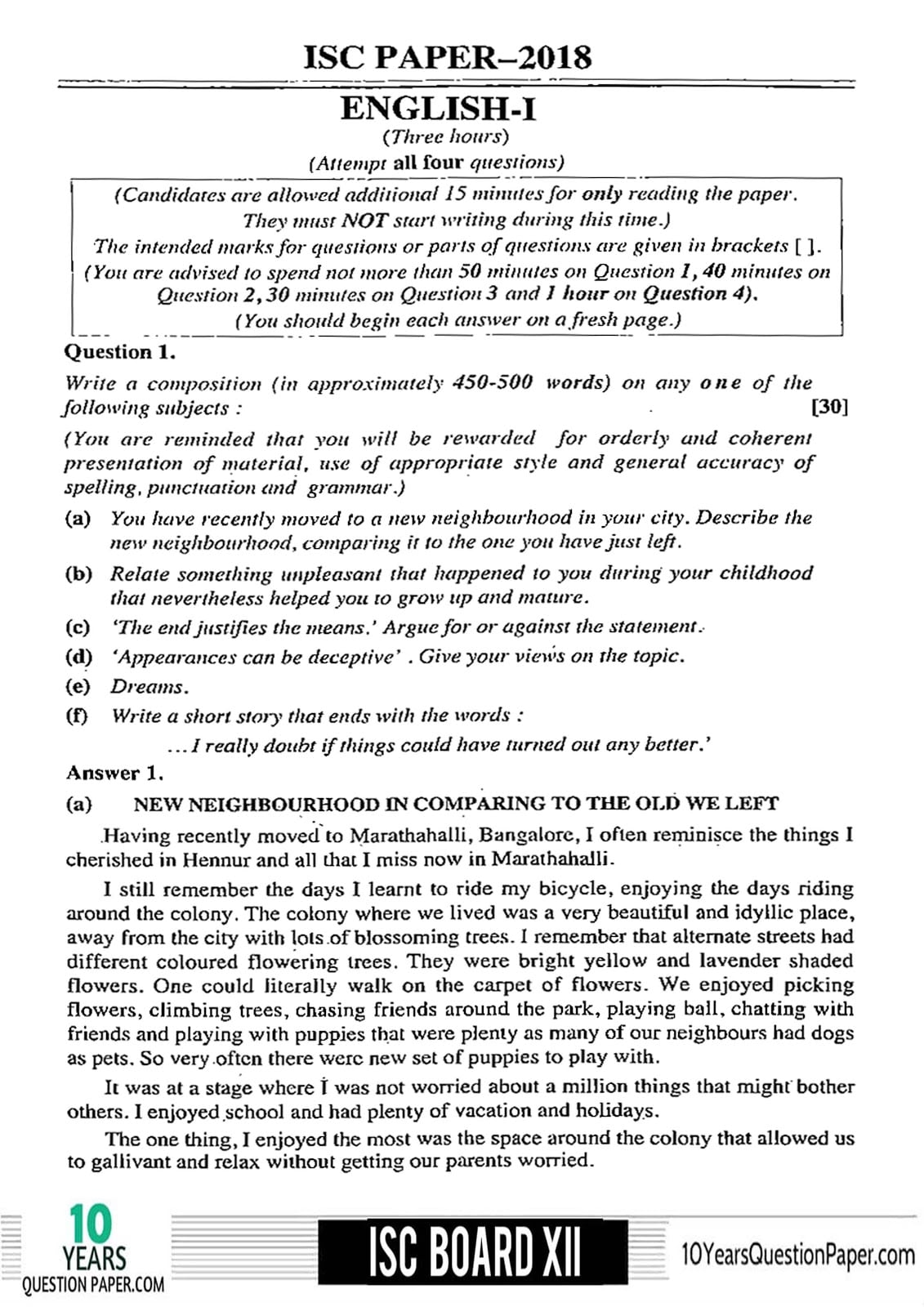 ISC Class 12 English Language 2018 Solved Paper