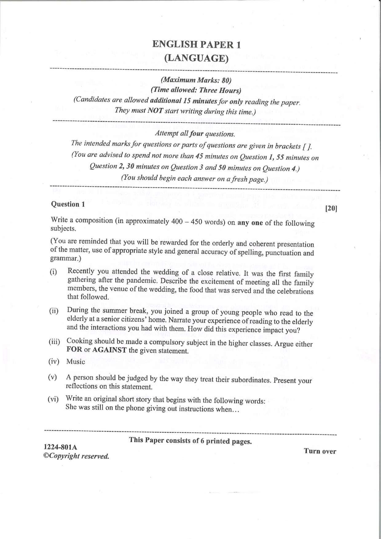 ISC 2024 English Language Question Paper for Class 12 — page 1
