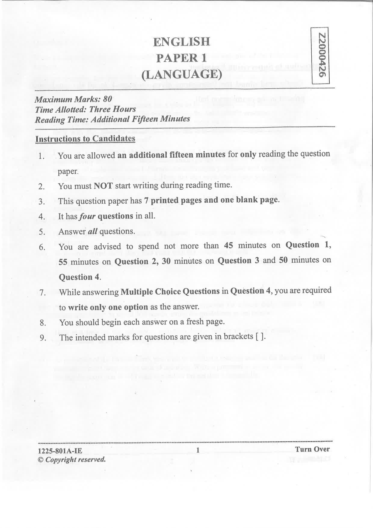 ISC 2025 English Language Improvement Examination Question Paper for Class 12 — page 1