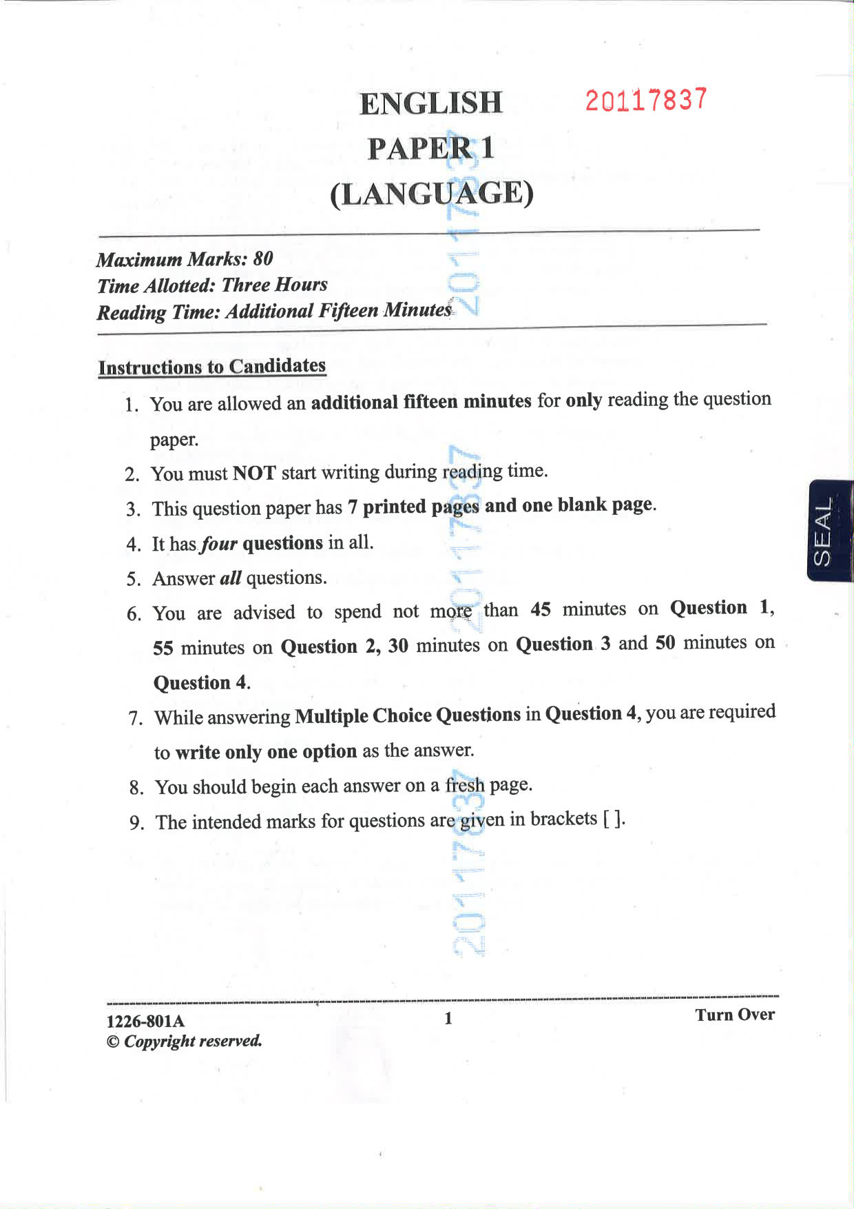 ISC 2026 English Language Question Paper for Class 12 — page 1