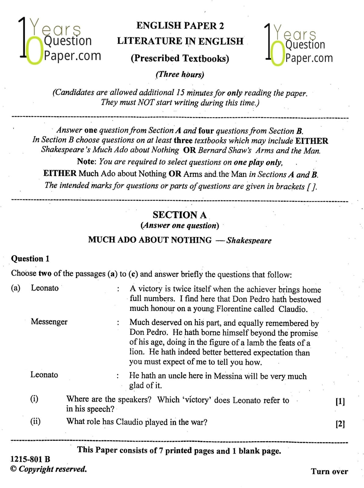 ISC Class 12 English Literature 2015 Question Paper