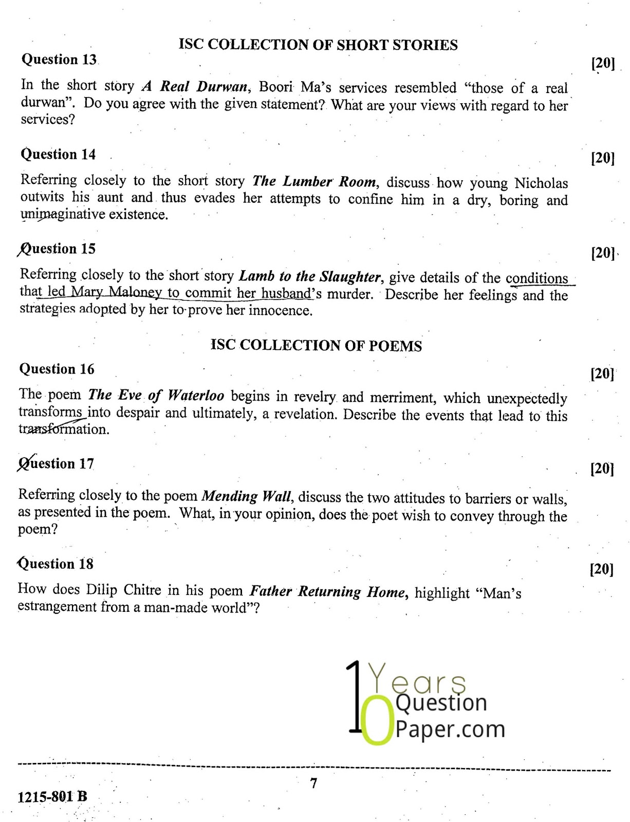 ISC Class 12 English Literature 2015 Question Paper