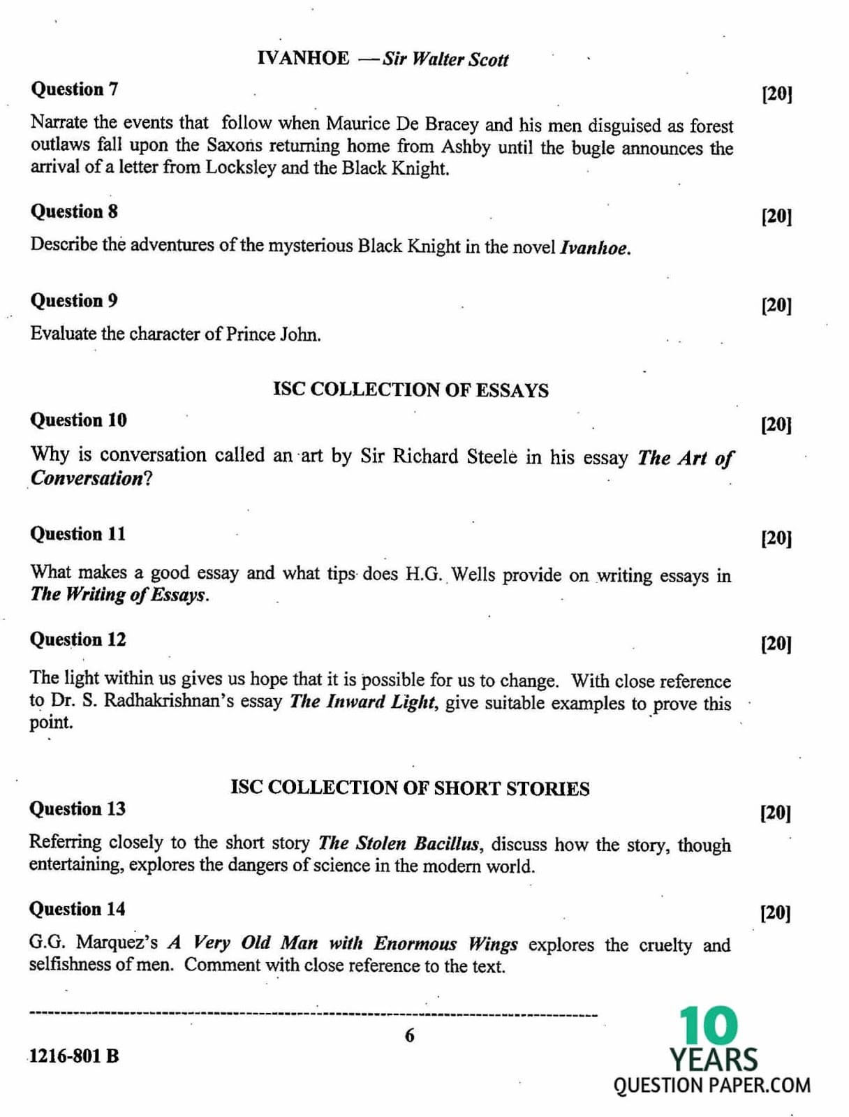 ISC Class 12 English Literature 2016 Question Paper