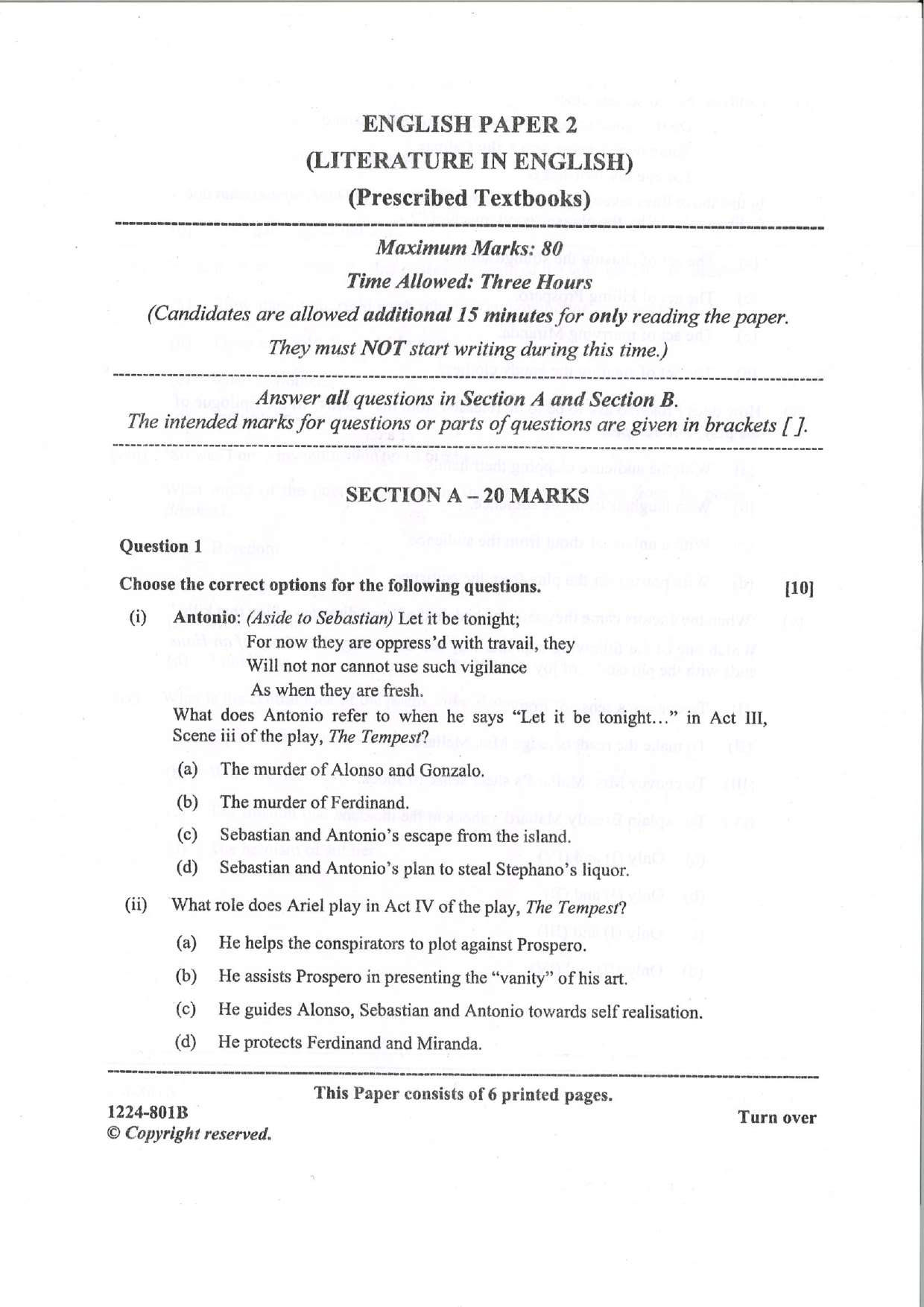 ISC 2024 English Literature Question Paper for Class 12 — page 1