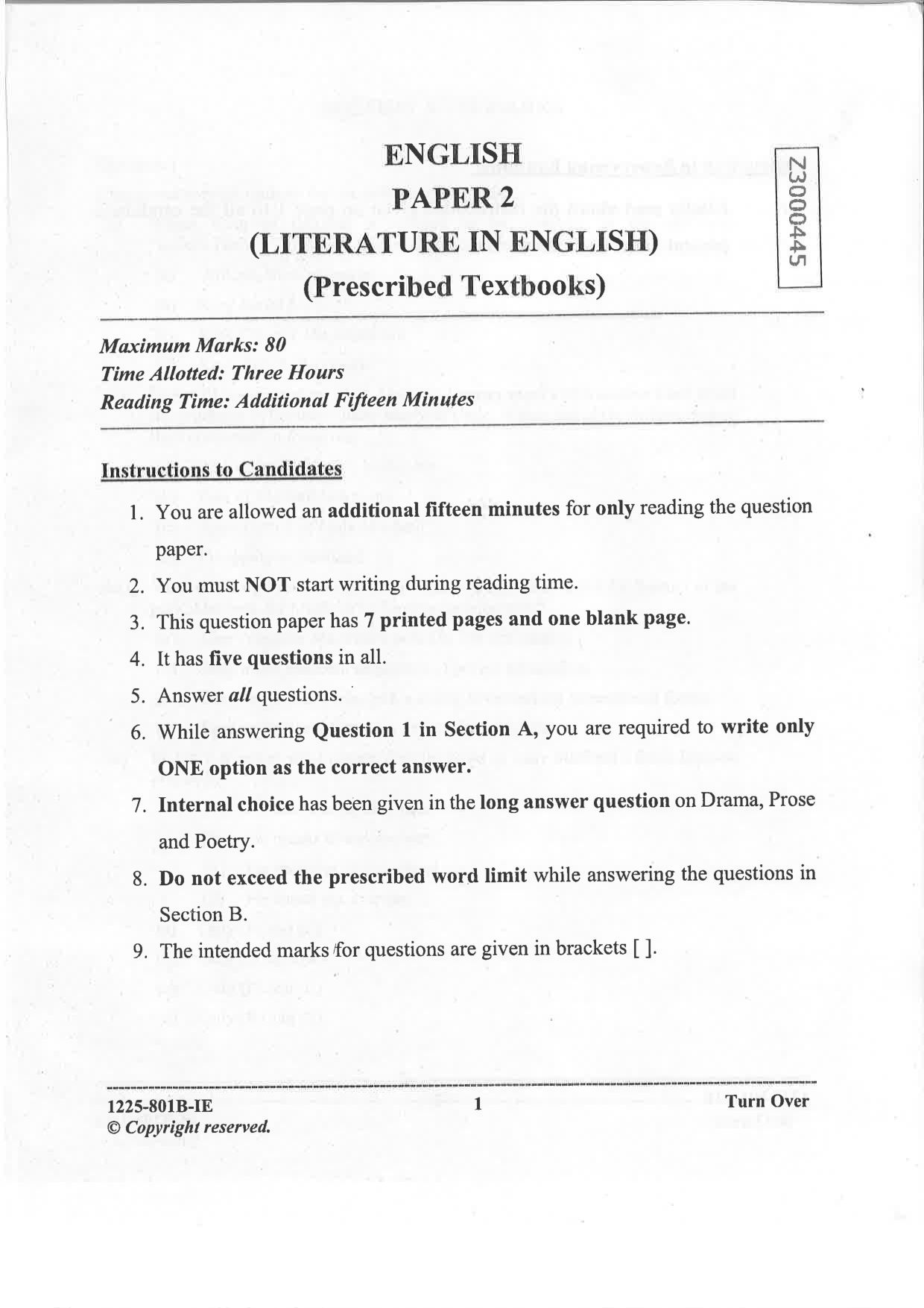 ISC 2025 English Literature Improvement Examination Question Paper for Class 12 — page 1