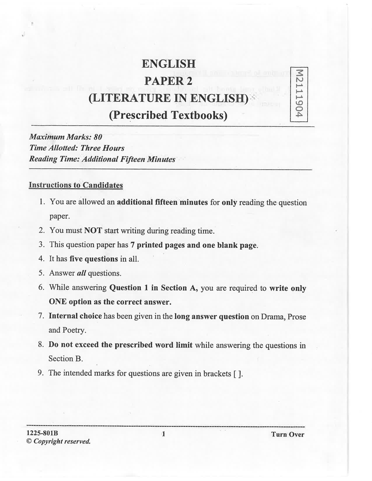 ISC 2025 English Literature Question Paper for Class 12 — page 1