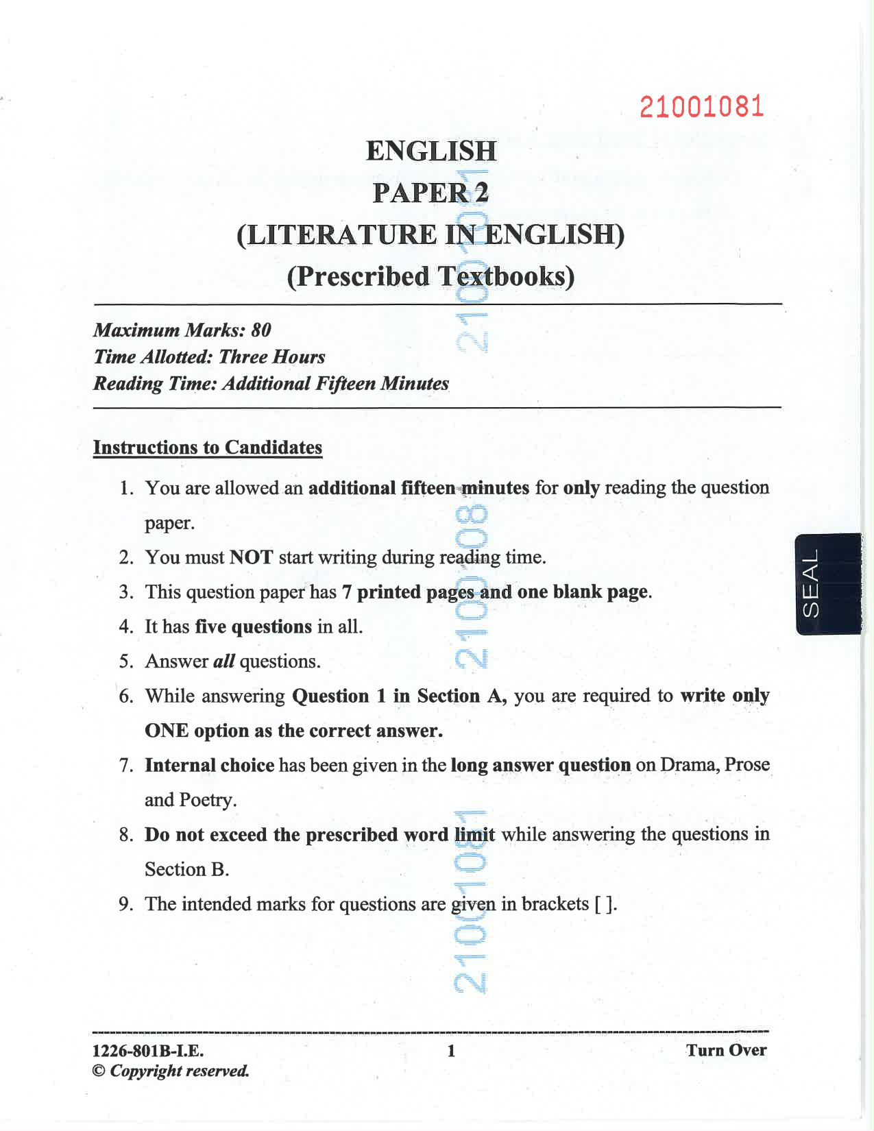 ISC 2026 English Literature Improvement Examination Question Paper for Class 12 — page 1