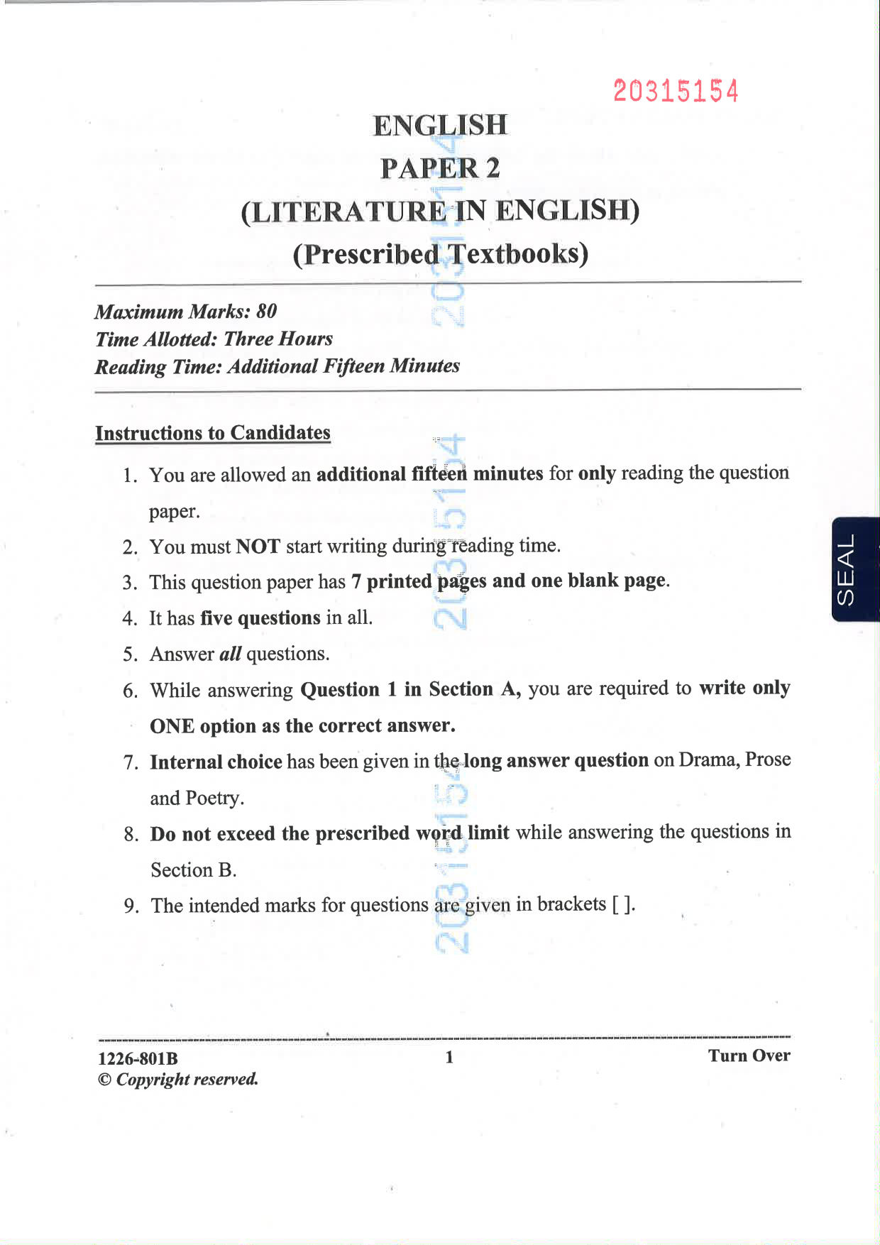 ISC 2026 English Literature Question Paper for Class 12 — page 1