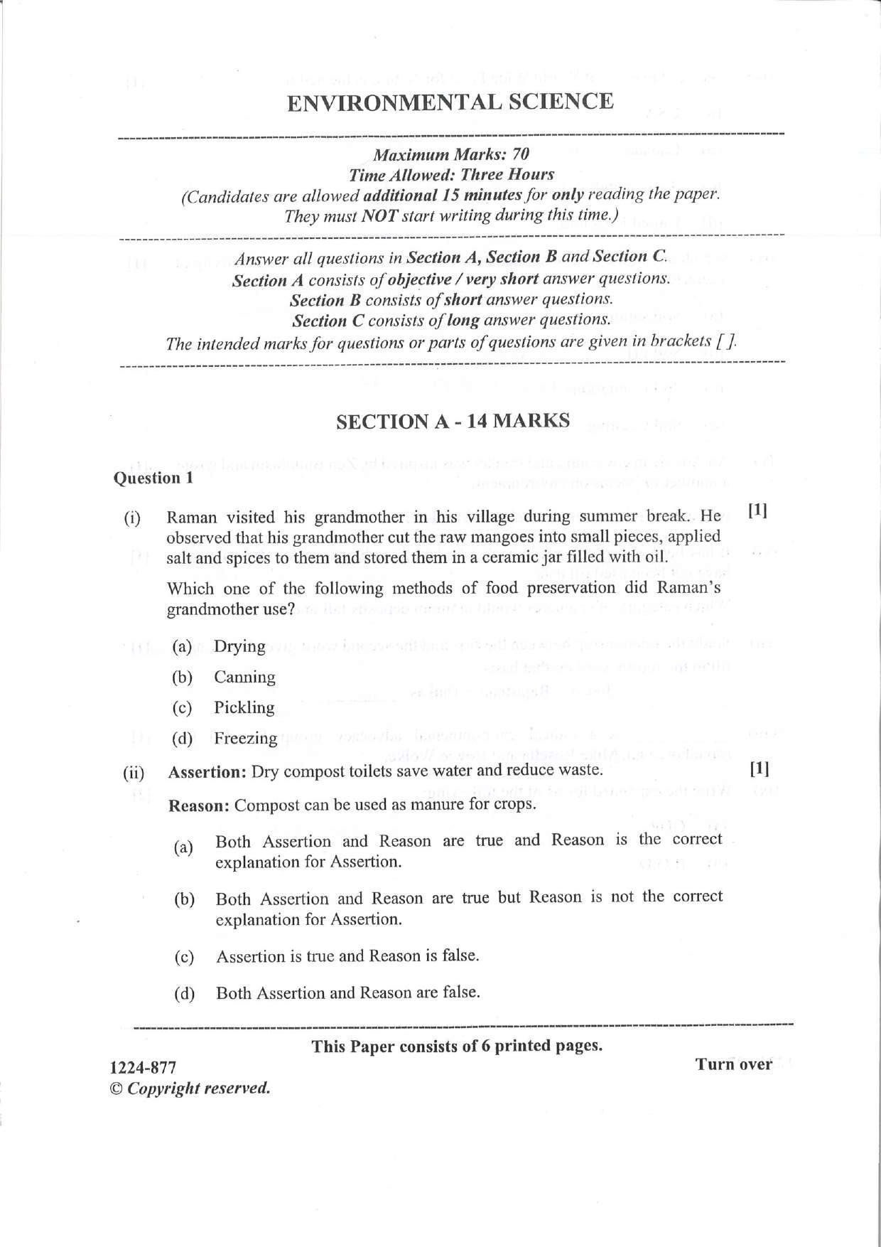 ISC 2024 Environmental Science Question Paper for Class 12 — page 1