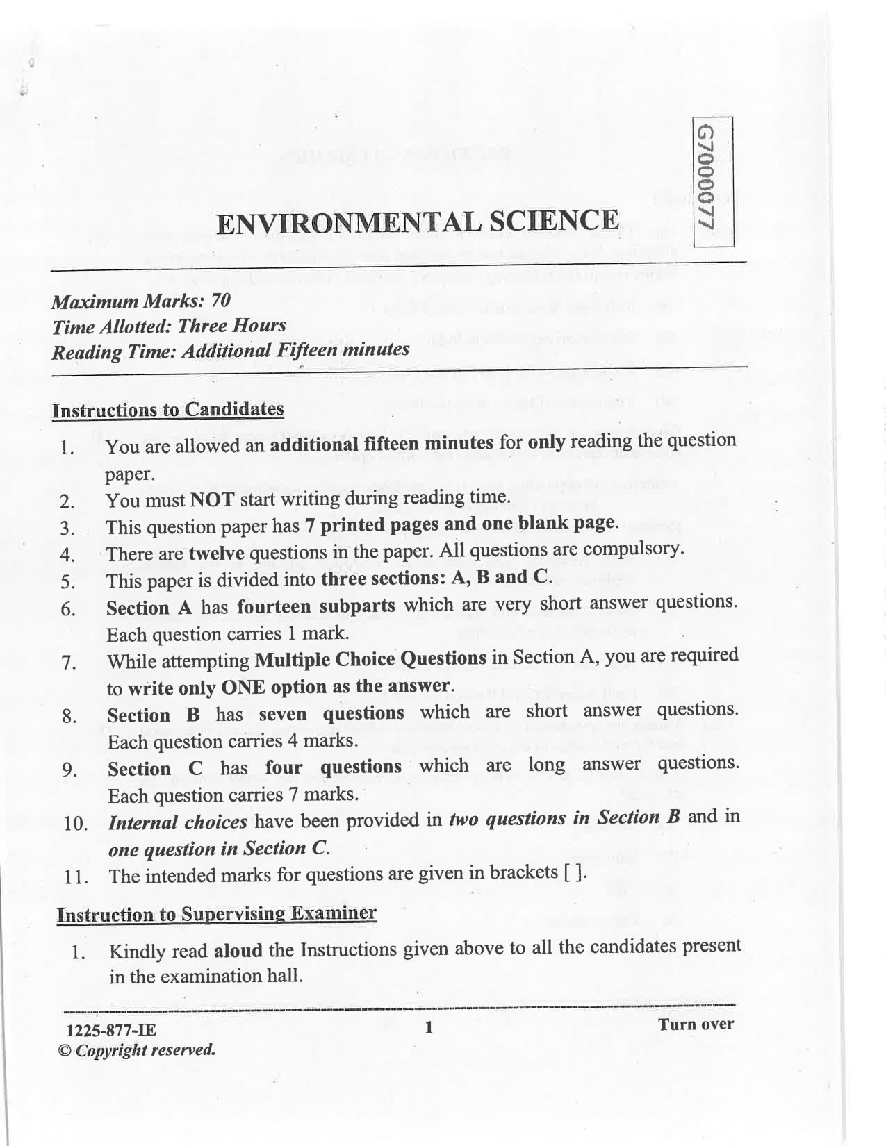 ISC 2025 Environmental Science Improvement Examination Question Paper for Class 12 — page 1