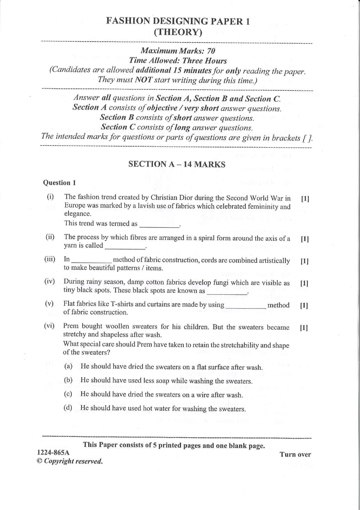 ISC 2024 Fashion Designing Question Paper for Class 12 — page 1