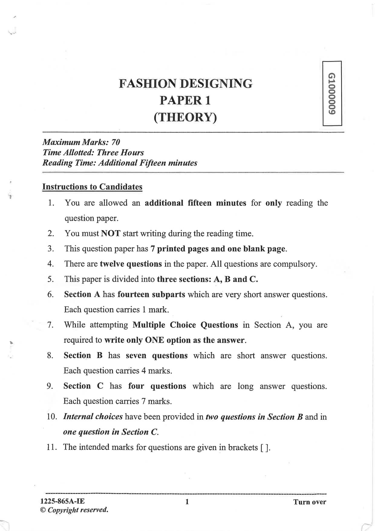ISC 2025 Fashion Designing Improvement Examination Question Paper for Class 12 — page 1
