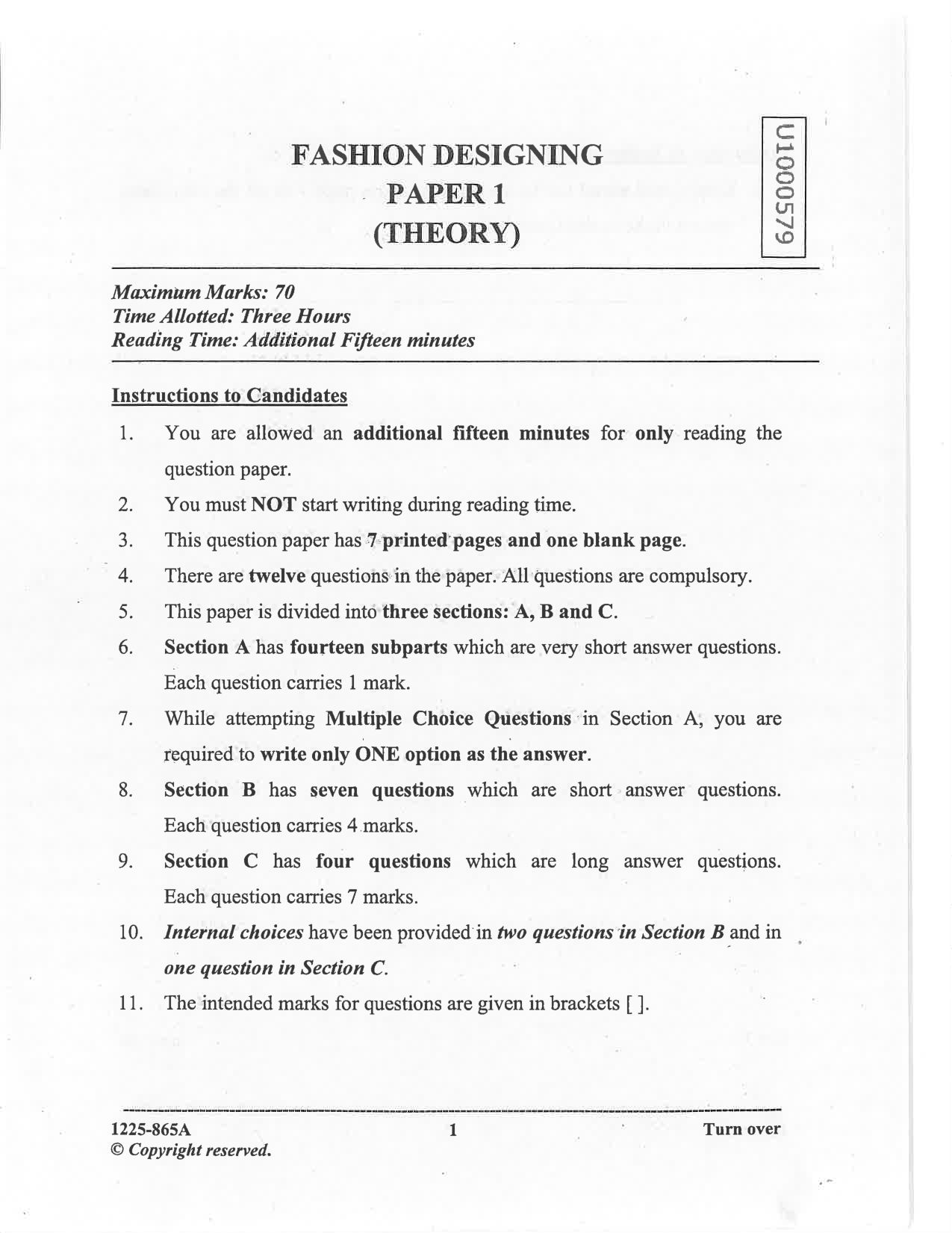 ISC 2025 Fashion Designing Question Paper for Class 12 — page 1
