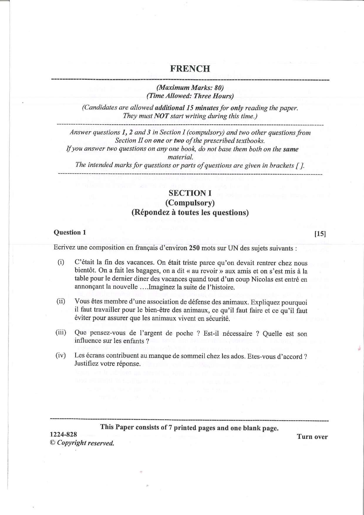 ISC 2024 French Question Paper for Class 12 — page 1