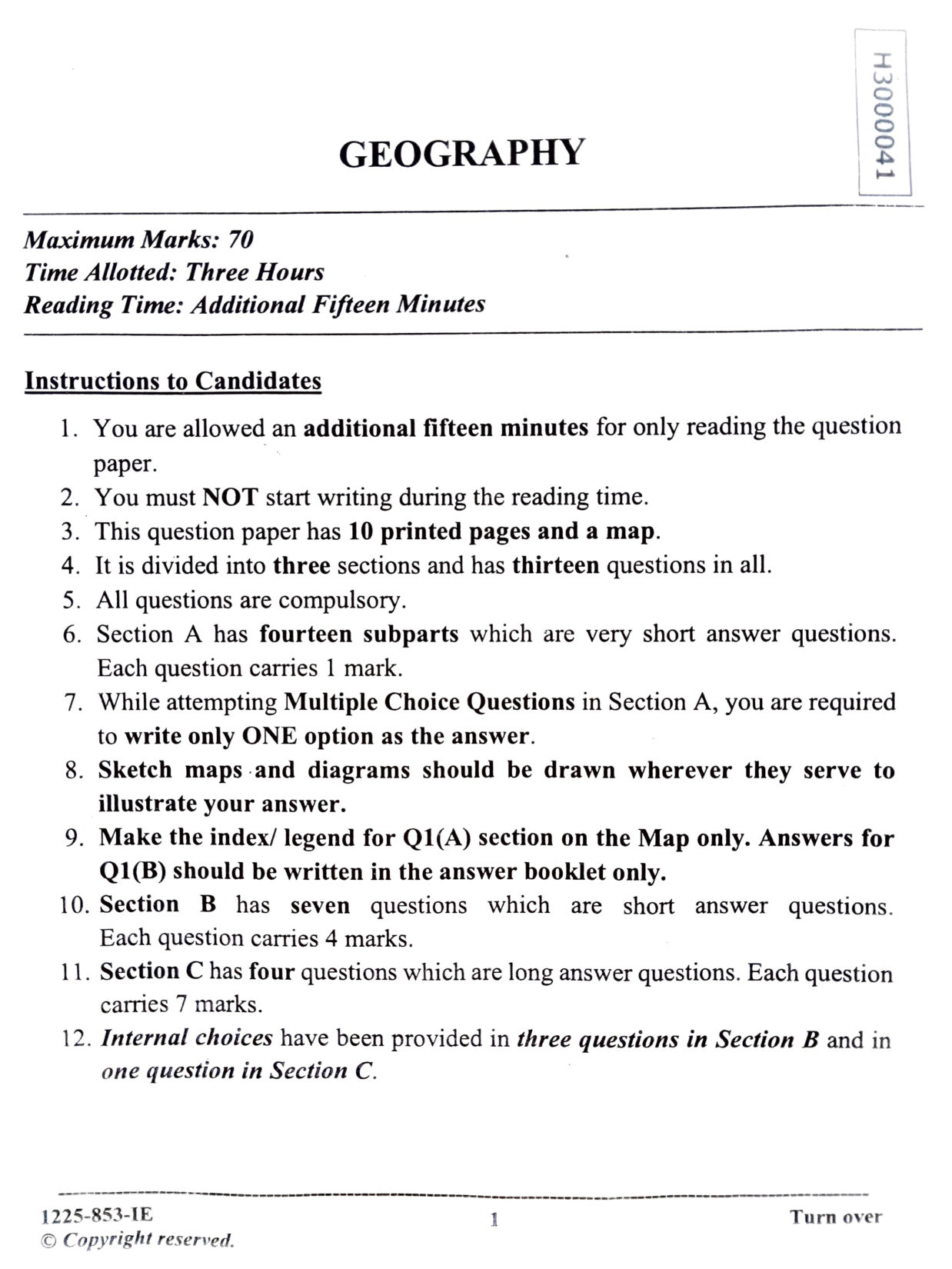 ISC 2025 Geography Improvement Examination Question Paper for Class 12 — page 1