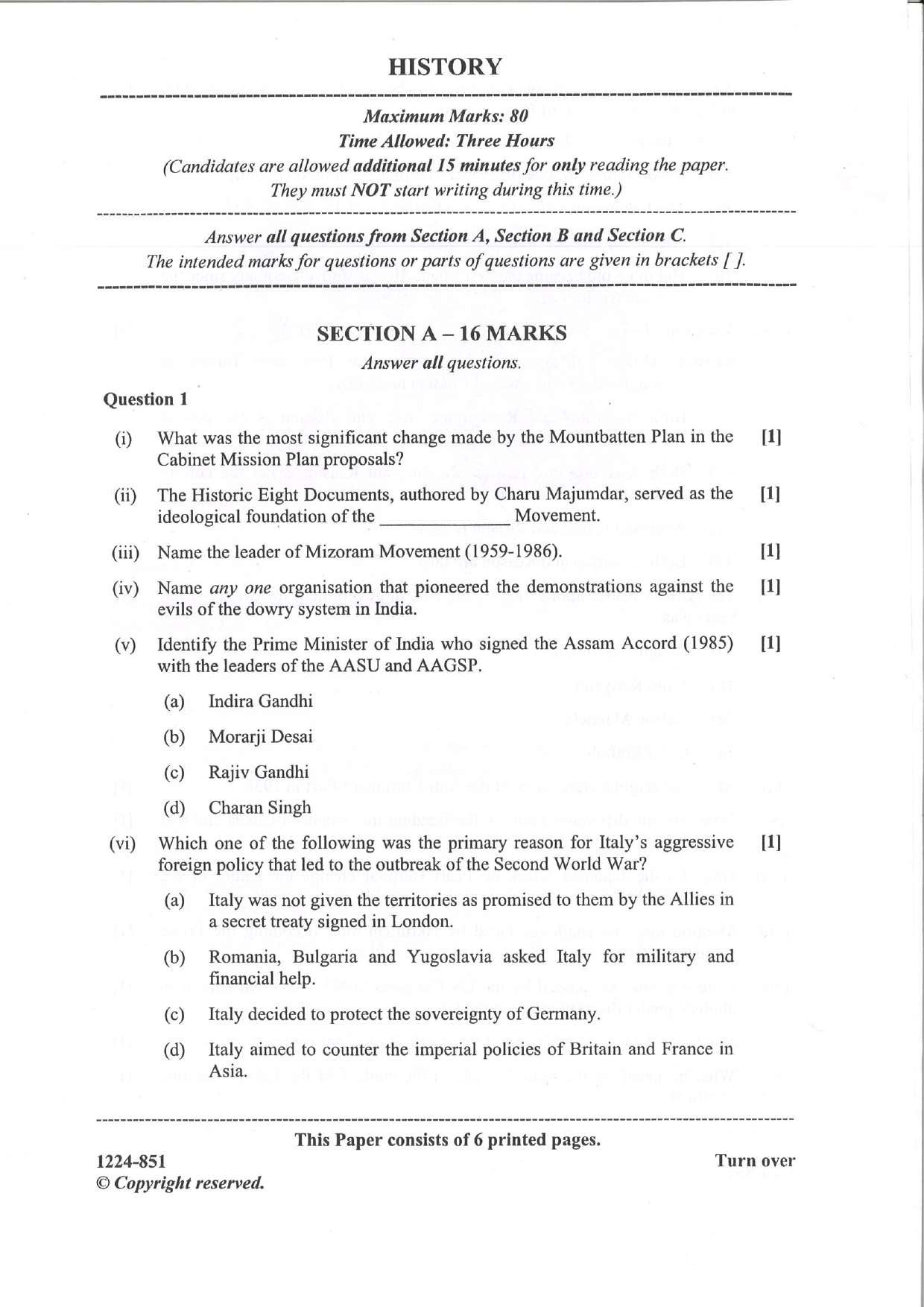 ISC 2024 History Question Paper for Class 12 — page 1