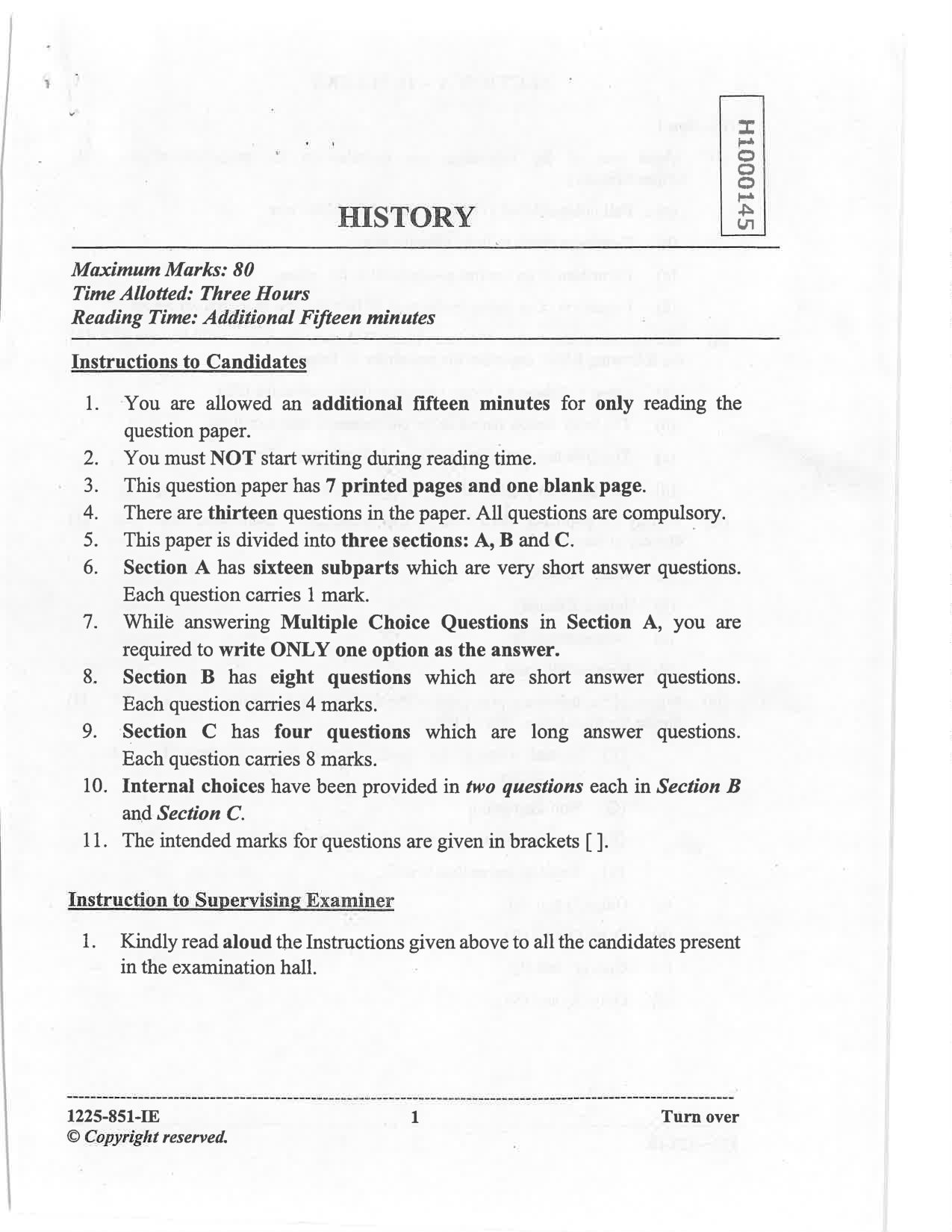 ISC 2025 History Improvement Examination Question Paper for Class 12 — page 1
