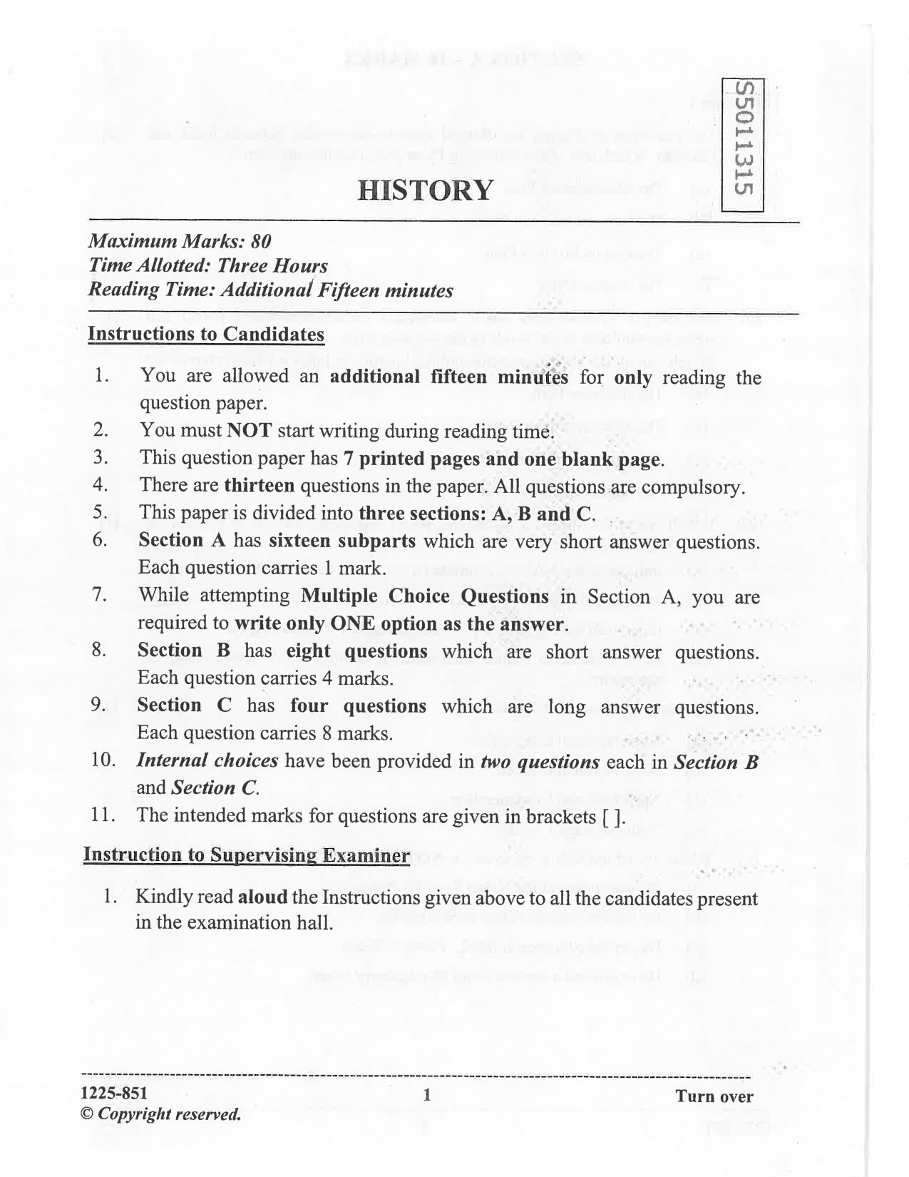 ISC 2025 History Question Paper for Class 12 — page 1