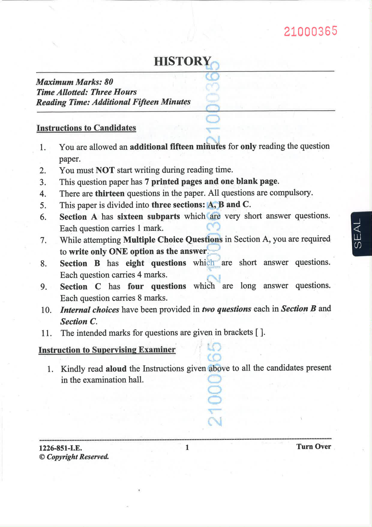 ISC 2026 History Improvement Examination Question Paper for Class 12 — page 1