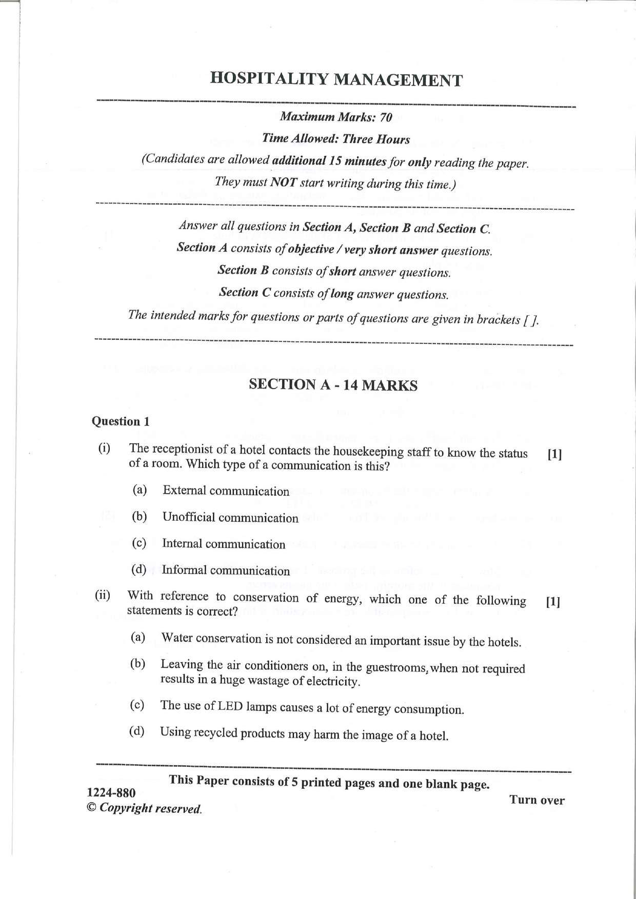 ISC 2024 Hospitality Management Question Paper for Class 12 — page 1