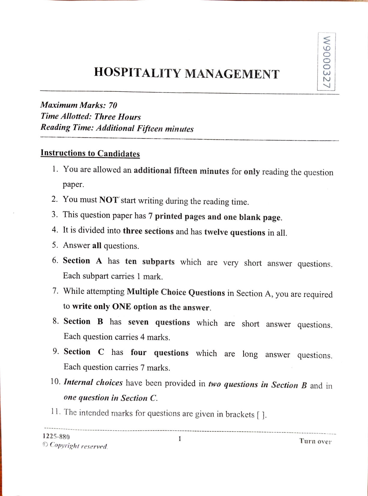 ISC 2025 Hospitality Management Question Paper for Class 12 — page 1