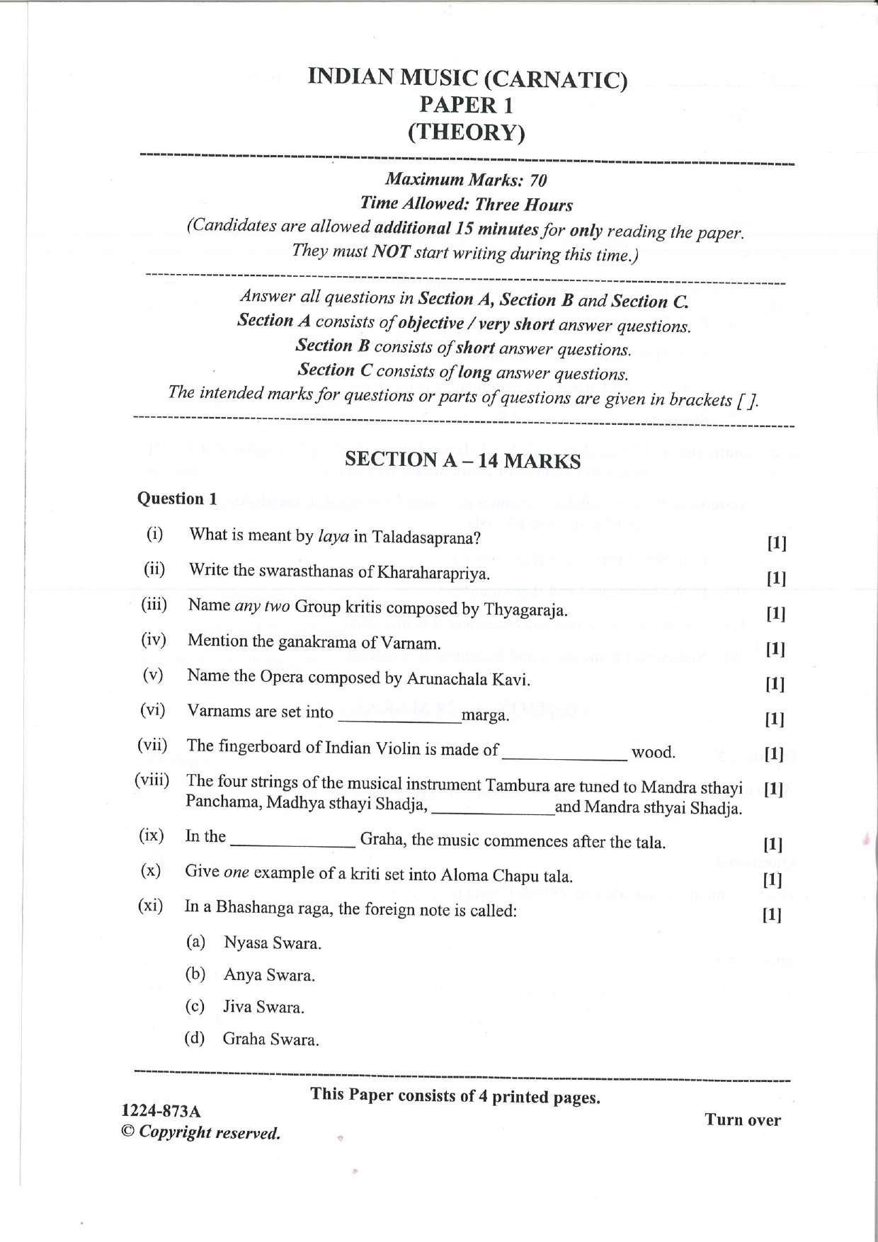 ISC 2024 Indian Music (Carnatic) Question Paper for Class 12 — page 1