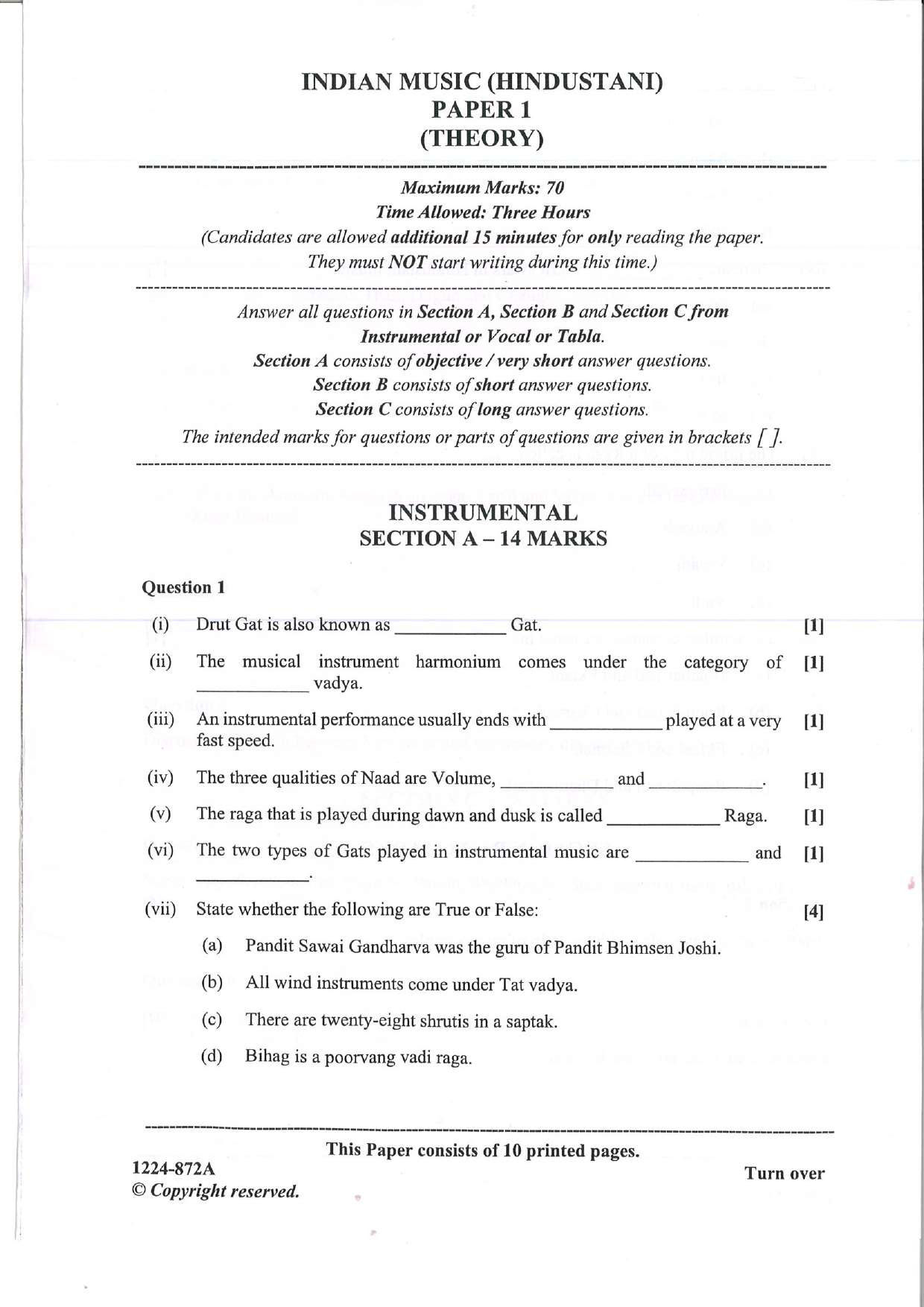 ISC 2024 Indian Music (Hindustani) Question Paper for Class 12 — page 1