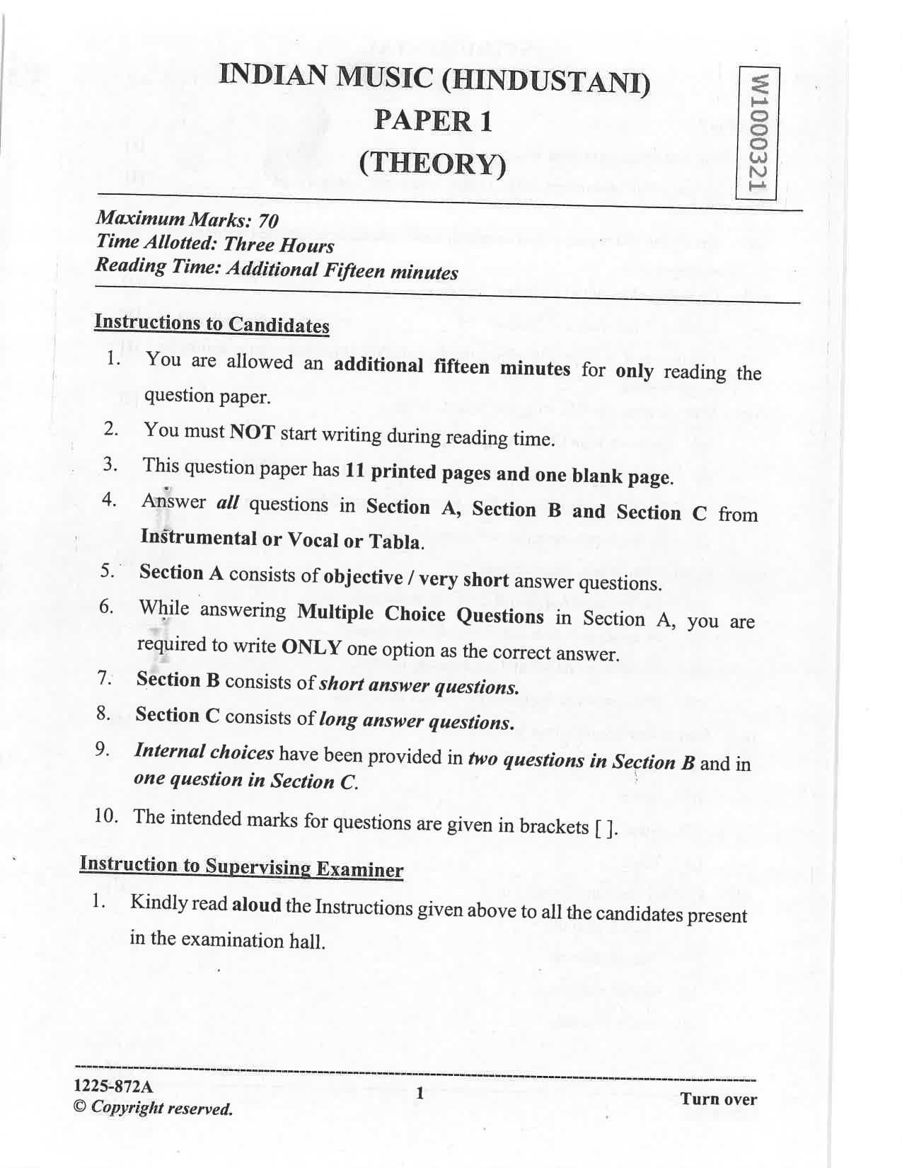 ISC 2025 Indian Music (Hindustani) Question Paper for Class 12 — page 1