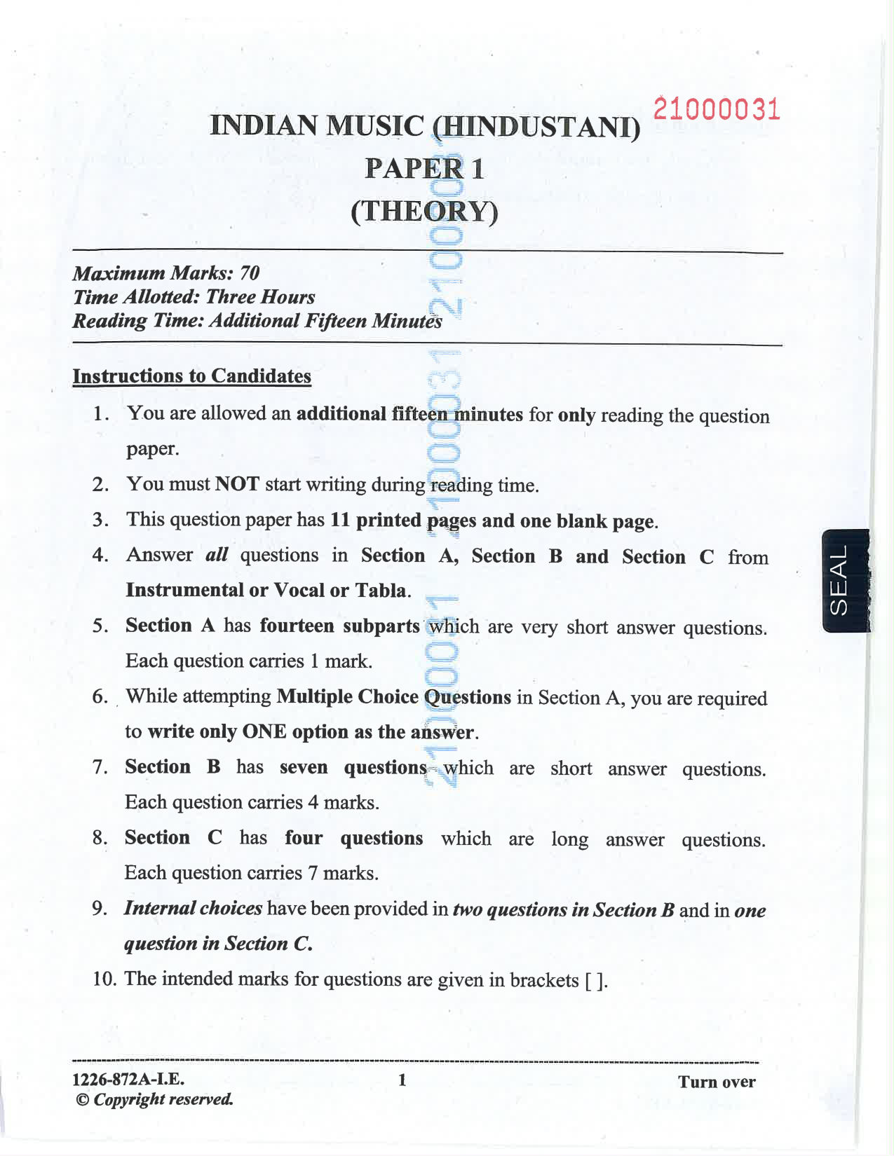 ISC 2026 Indian Music (Hindustani) Improvement Examination Question Paper for Class 12 — page 1