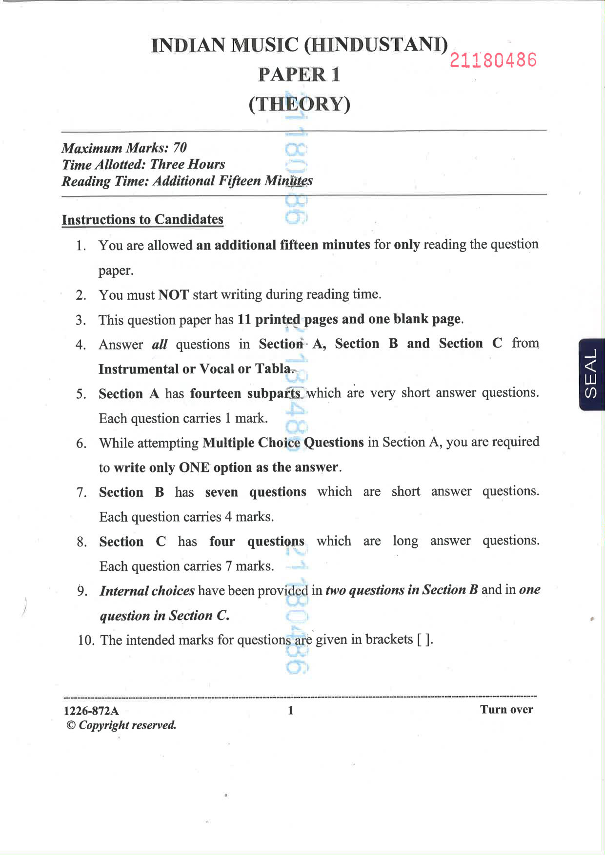 ISC 2026 Indian Music (Hindustani) Question Paper for Class 12 — page 1